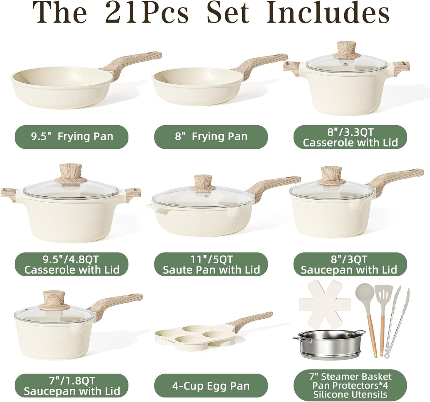 Caannasweis 20Pcs Cookware Sets, Nonstick Pots and Pans Set, Granite Induction Cookware, Non Stick Kitchen Cooking Set,Cream White 21 Piece Egg Pan Set, PFOS PFOA Free
