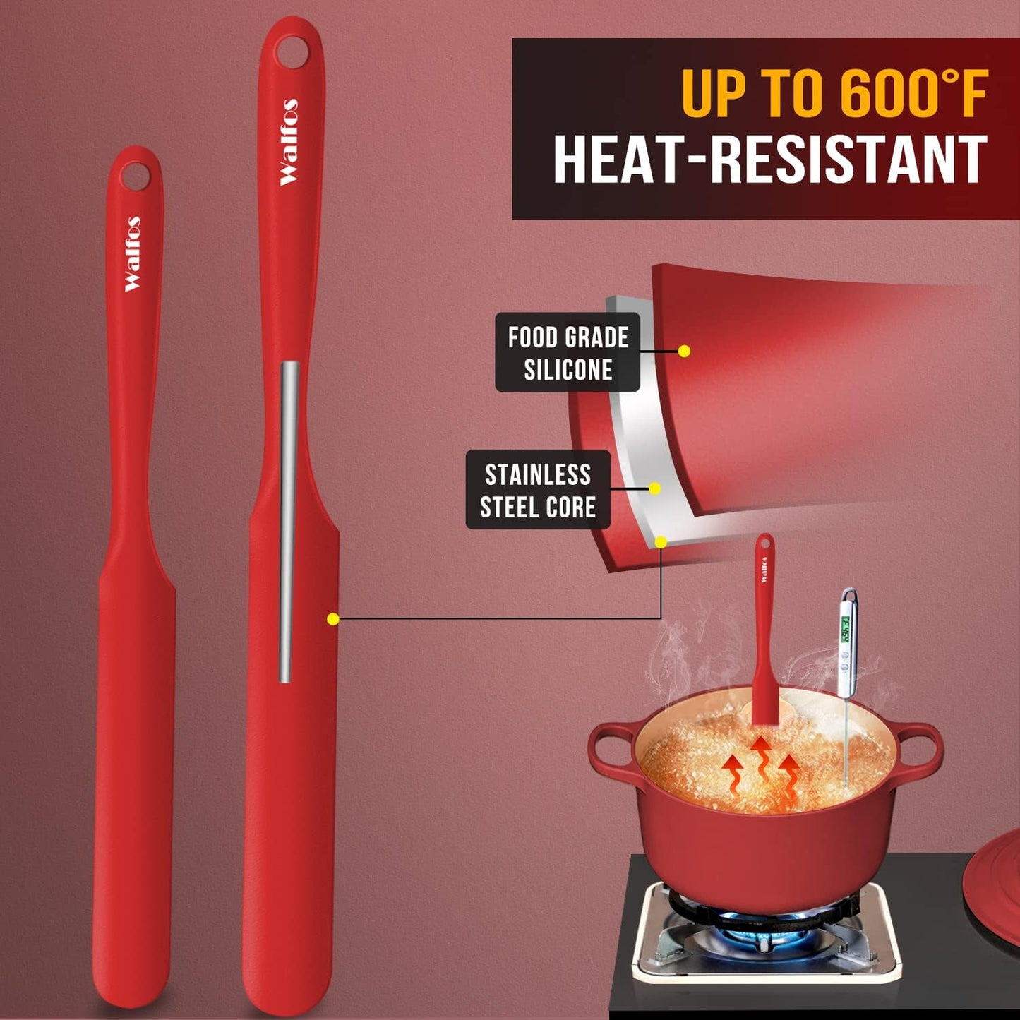 Walfos Silicone Jar Spatula - 600ºF Heat Resistant Kitchen Spatulas(2pcs), Strong Steel Core & One-Pieces Design,Mixing Batter & Cake Cream Spatulas, for Cooking & BPA Free & Dishwasher Safe, Red