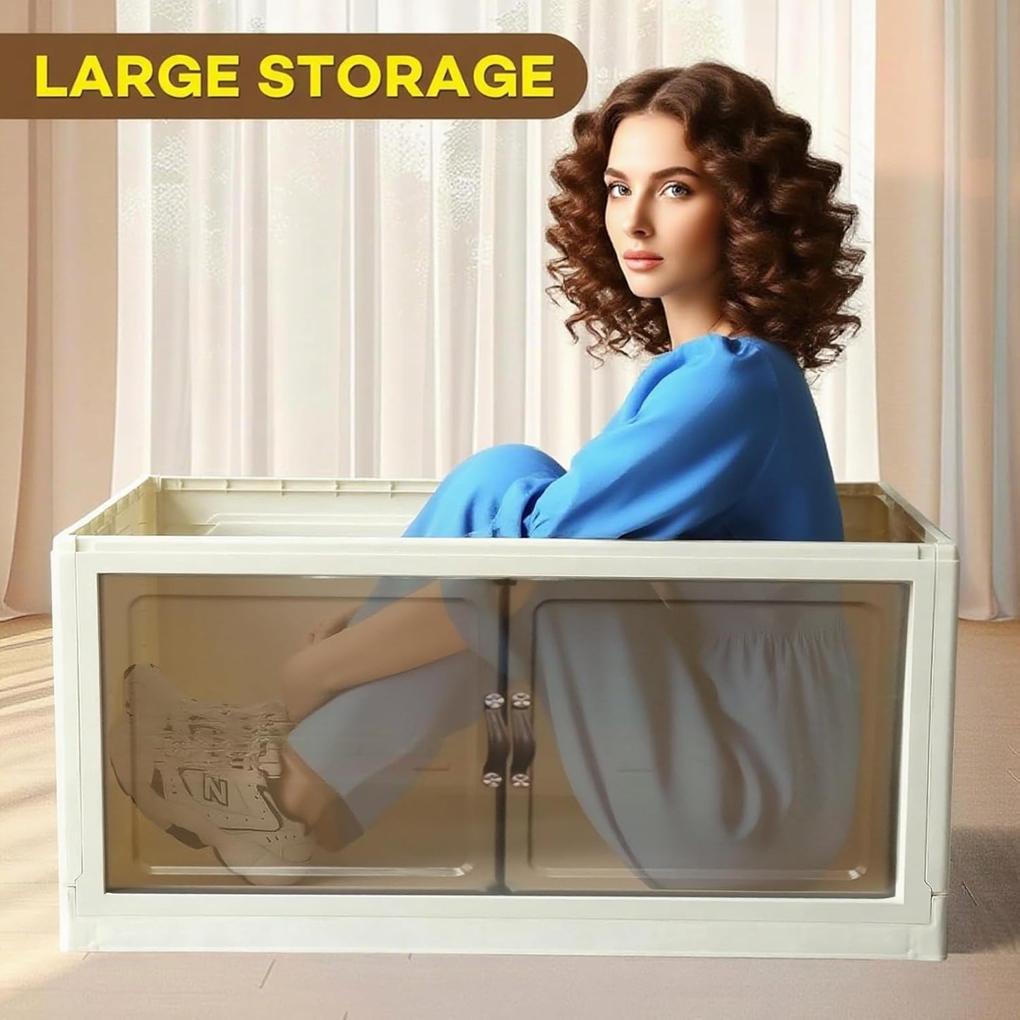 YUFER 3 Tier Box Plastic Stackable Folding Storage Bins with Lids and Doors,360/480 QT Open Front Storage Bins Organizers for Bedroom Clothes - 1 Box 120 QT White