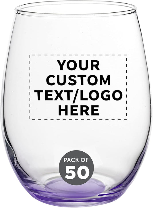 Custom Stemless Wine Glasses in Bulk by ARC Perfection, 15 oz, 50 pack, Personalized Text, Logo, Purple or White Wine Glass Set, Purple