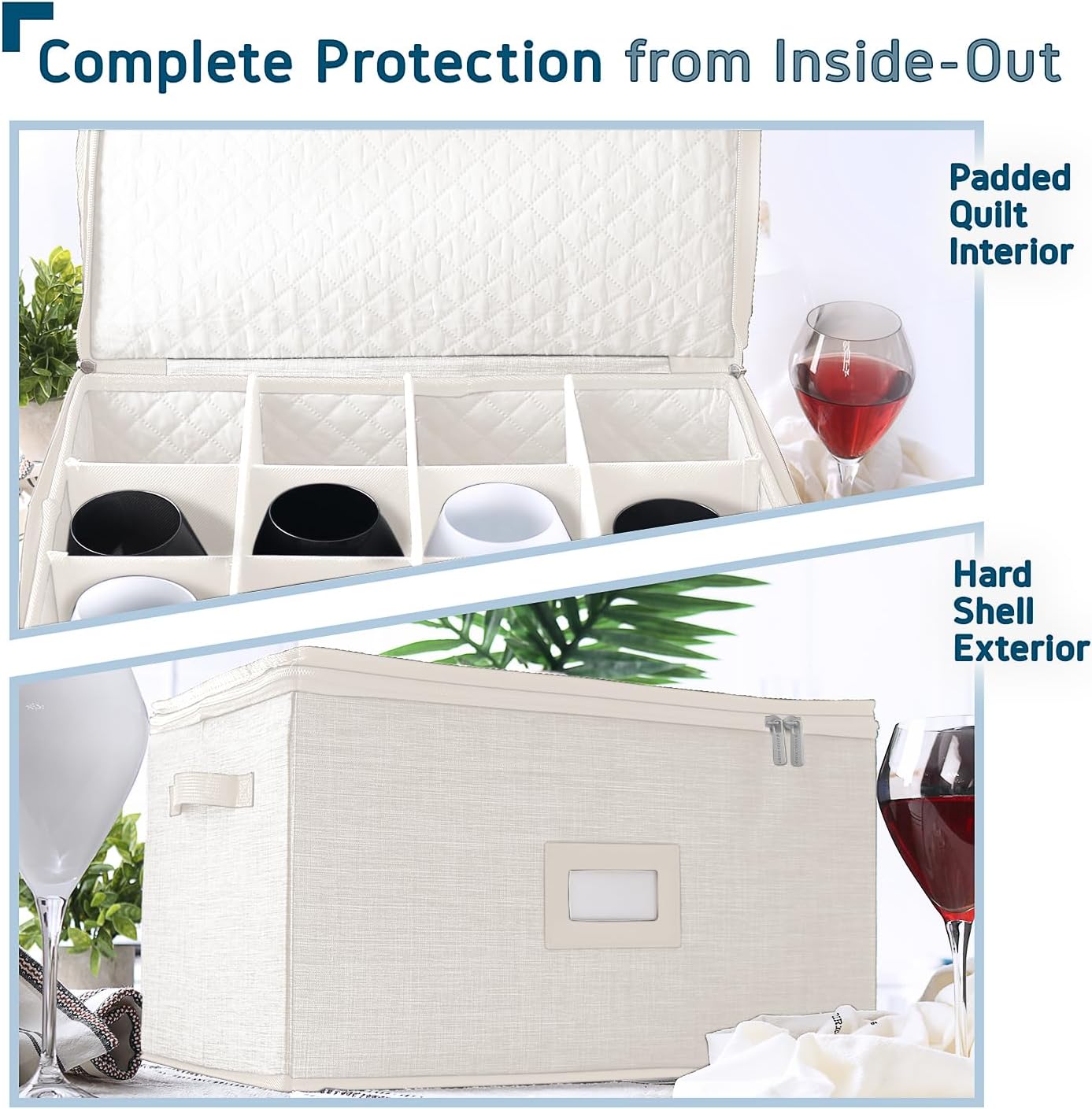 Wine Glass Storage Box with Dividers, 2 Pack Stackable Stemware Storage Cases, Service of 24 Glassware Storage Containers, Quilted China Storage Containers for Moving and Seasonal Storage, Cream