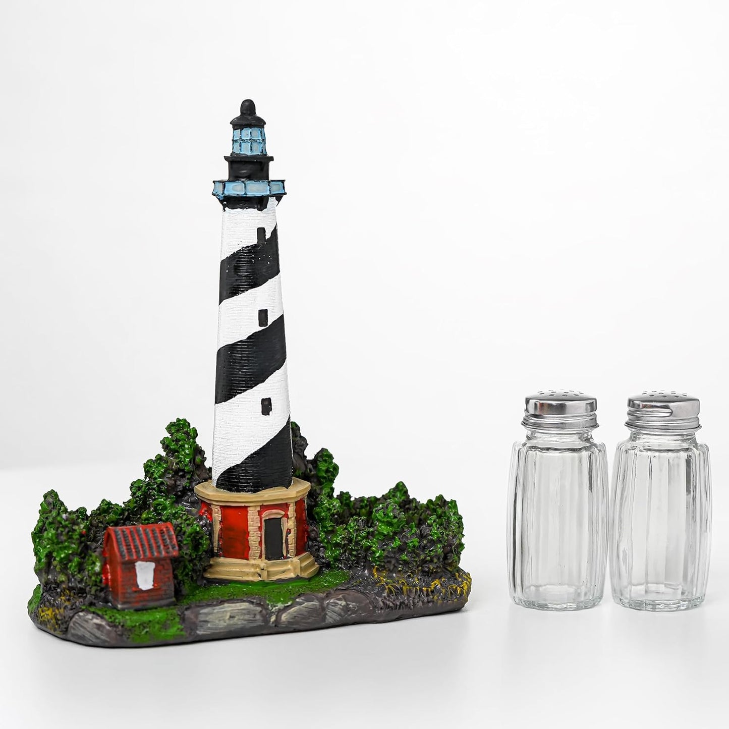 Vintage Farmhouse Salt And Pepper Shakers Set - Salt And Pepper Dispenser with Resin Lighthouse Figurine And Statues Holder - Perfect Kitchen DéCor with Glass Spice Jars