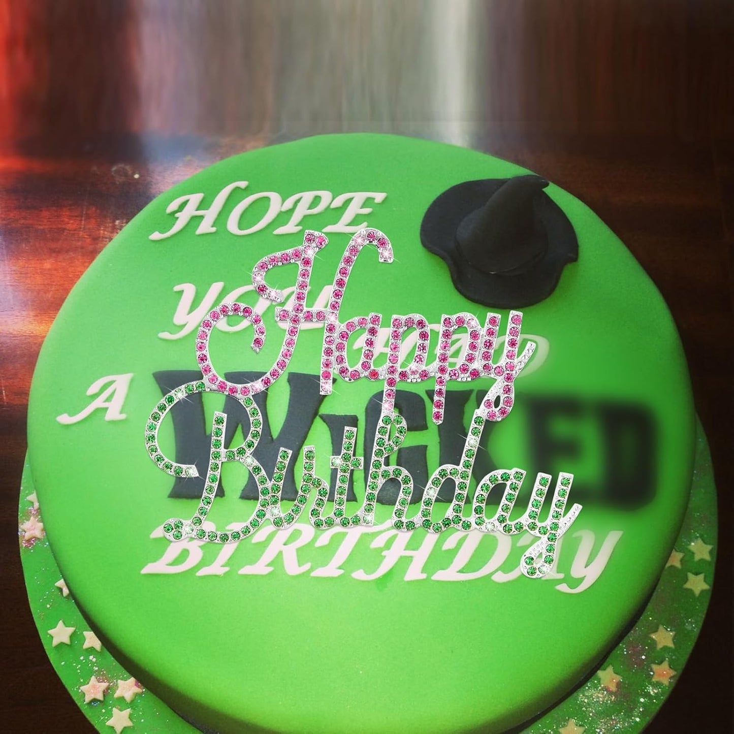 Happy Birthday Cake Topper Pink & Green Rhinestones Wicked Themed Cake Topper for Birthday Party Decorations