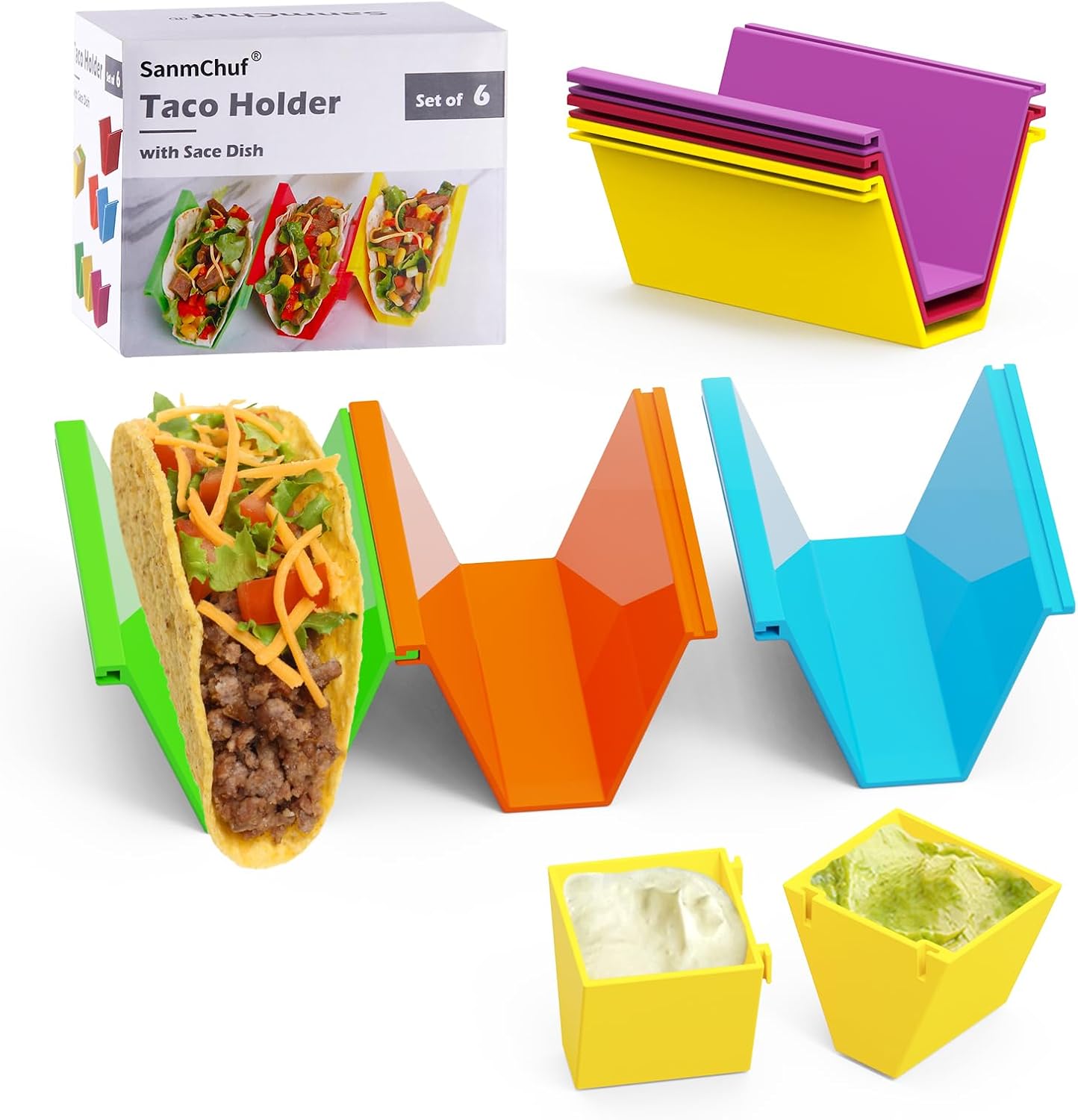 Colorful Taco Holder Set – Set of 6 with 2 Sauce Cups, Connectable & Stackable Plastic Taco Stands, Microwave & Dishwasher Safe, Great for Family Meals & Taco Nights