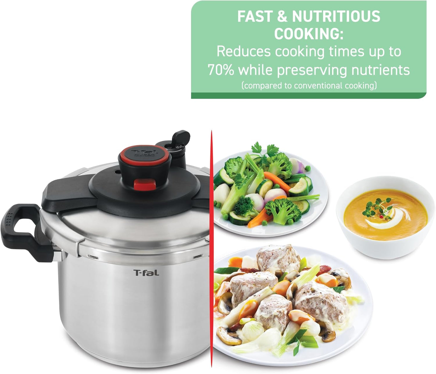 T-fal Clipso Stainless Steel Pressure Cooker 6.3 Quart, Induction, Secure locking System, One Hand System, Recipe Book Included, Cookware, Pots and Pans, Kitchen, Dishwasher Safe, Silver
