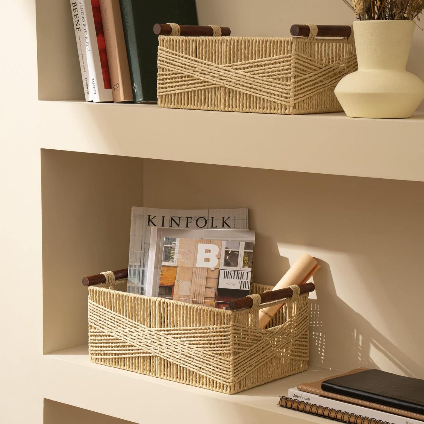 LA JOLIE MUSE Wicker Storage Baskets for Organizing, Recyclable Paper Rope Basket with Wood Handles, Decorative Hand Woven Basket Organizers for Makeup Books Shelves Living Room, Beige, Set of 2