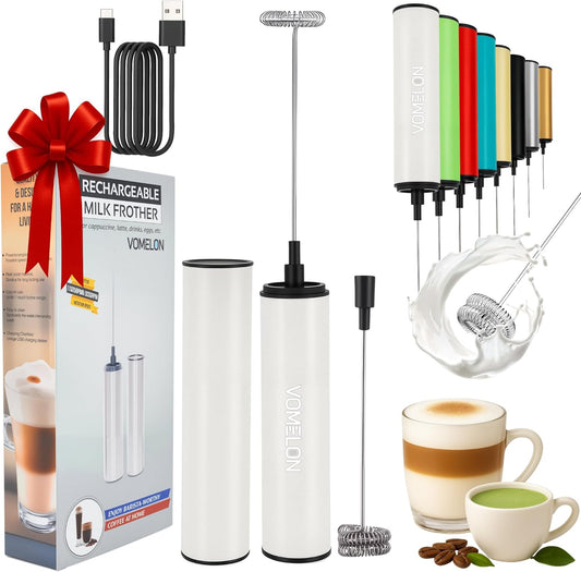 Milk Frother, Rechargeable Battery Operated Frother for Coffee,Portable Drink Mixer with 2 Stainless Steel Whisk Heads,Milk Foamer for Keto Coffee, Latte, Cappuccino, Hot Chocolate,White