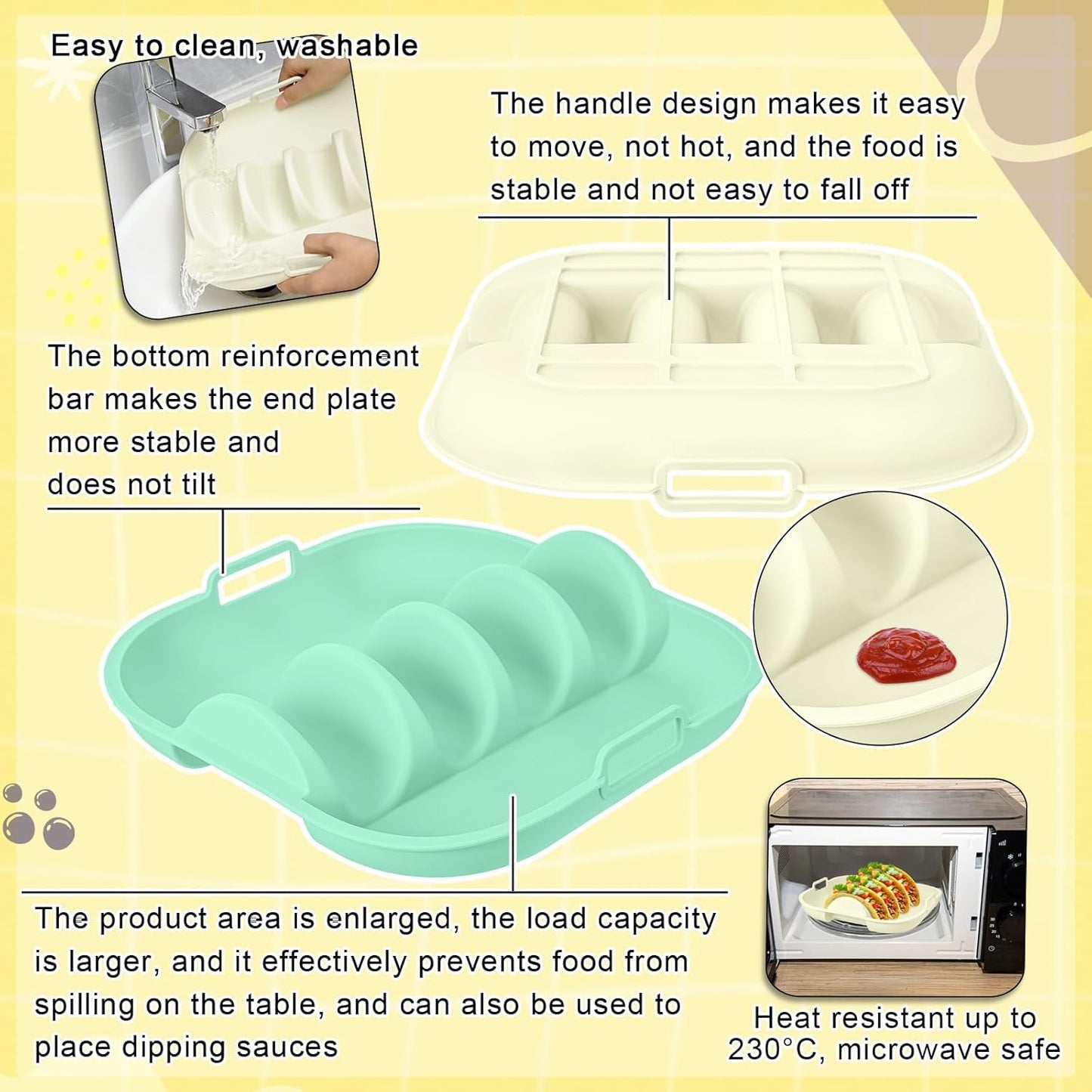 Remerry Silicone Taco Holder Plates Set of 2 Colorful Reusable Taco Holder with 4-Shell Slots for Hard/Soft Serving Plates Dishwasher Microwave Family Dinner Tortillas Party Serving (Green, White)