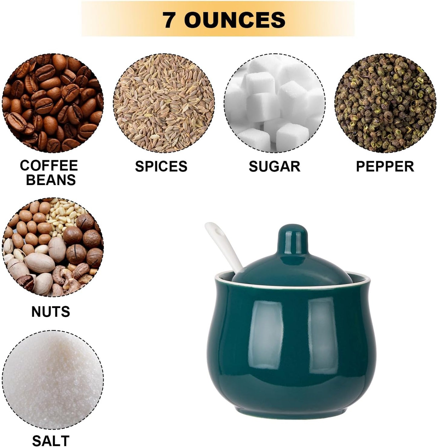 Ceramic Sugar Bowl with Lid and Spoon, Green Porcelain Sugar Salt Pepper Storage Jar, 8 Ounces
