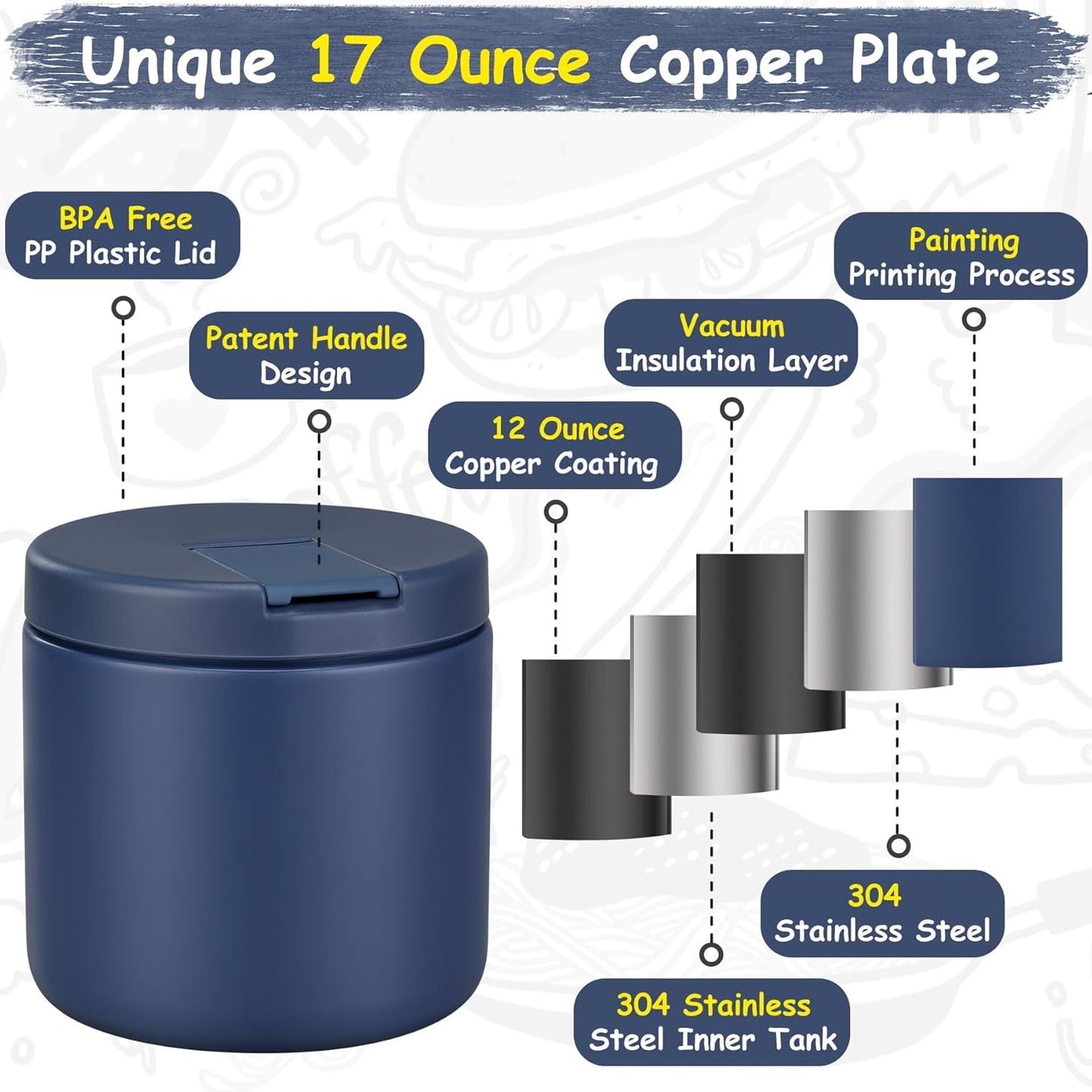 19oz Insulated Vacuum Food Jar with Buckle Lid Wide Mouth Soup Thermo for Hot Food Kids Leakproof Stainless Steel Lunch Container- Blue-1Pack