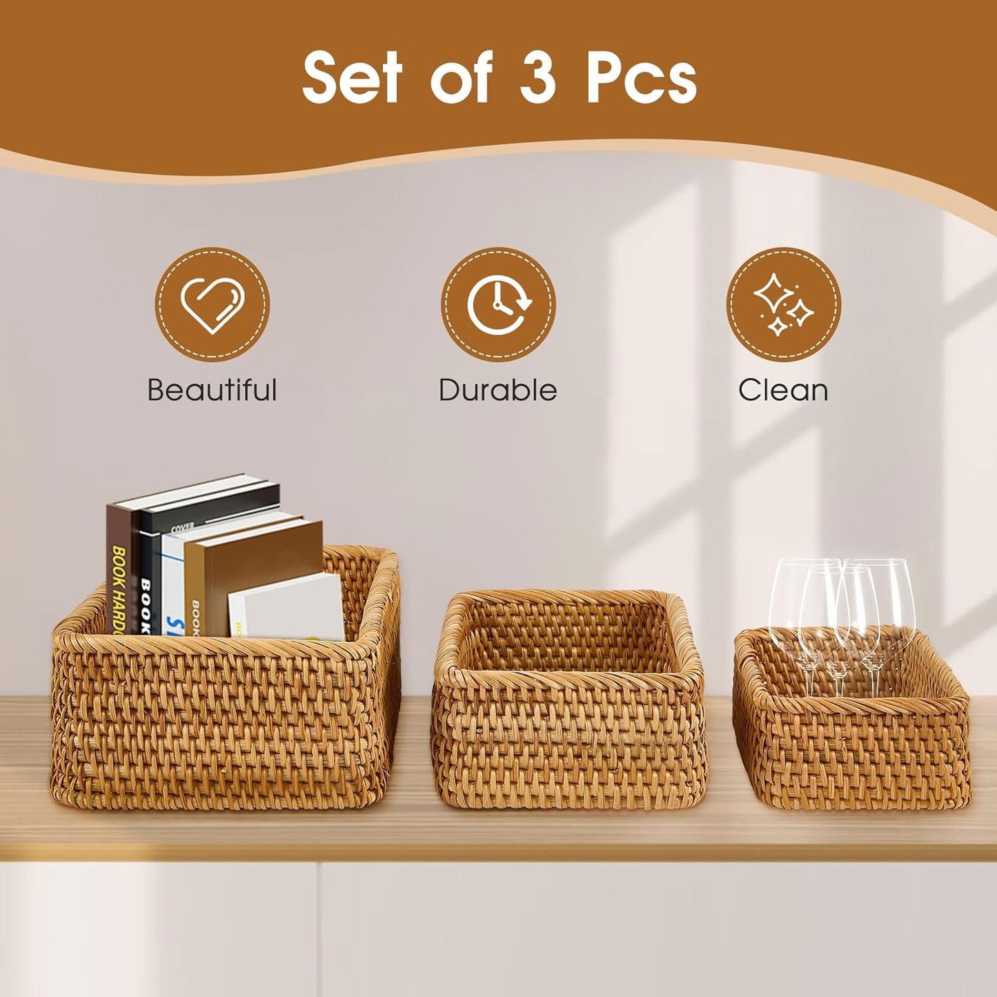 Natural Rectangular Rattan Storage Baskets (Set of 3), Hand Woven Food and Fruit Serving Baskets, Wicker Organizer for Living Room, Bedroom, Kitchen