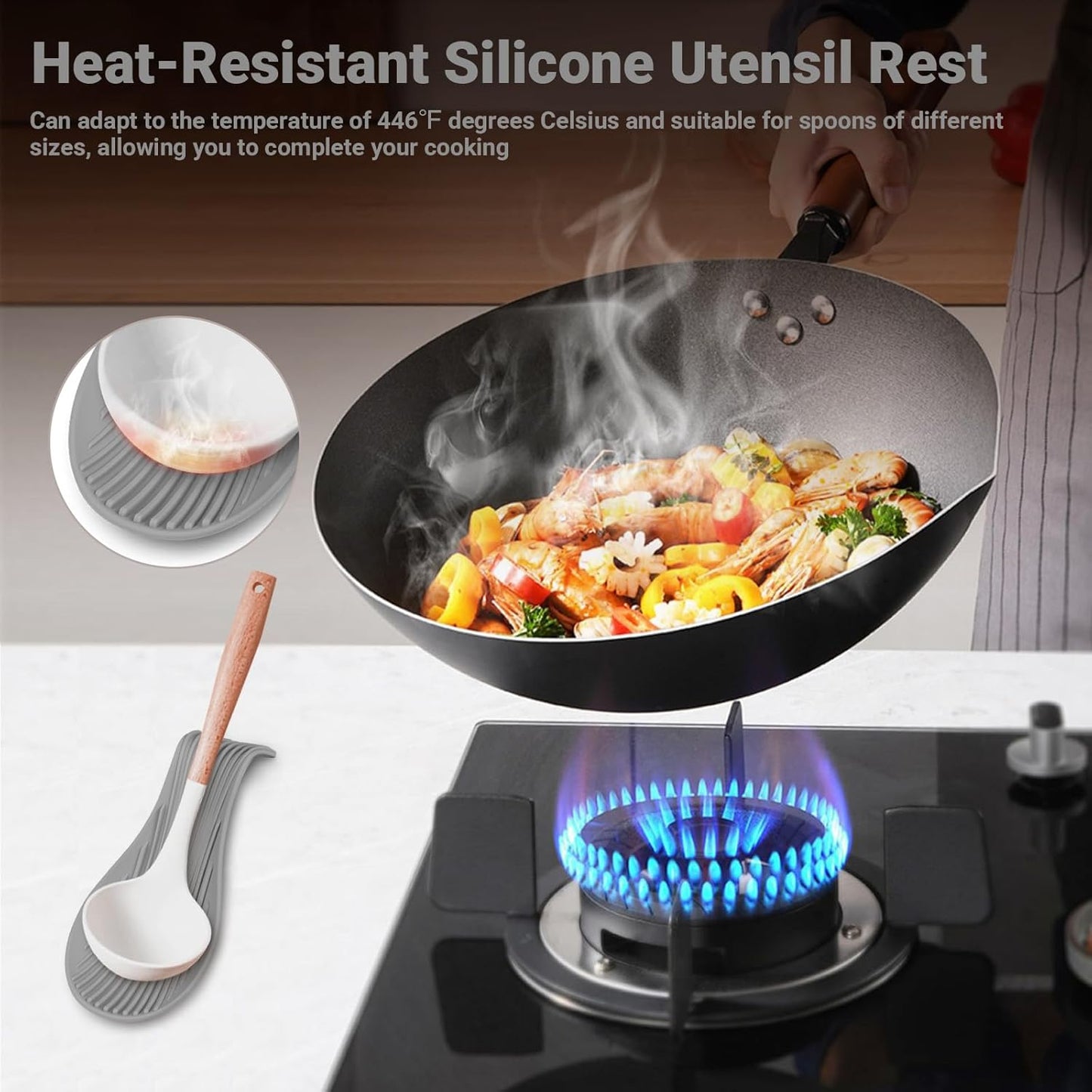 Heat Resistant Silicone Spoon Rest, Non-Slip Spoon Holder for Kitchen Counter, Silicone Spoon Rest for Stove Top for Spoons, Spatulas, Ladles, Tongs (Dark Gray)