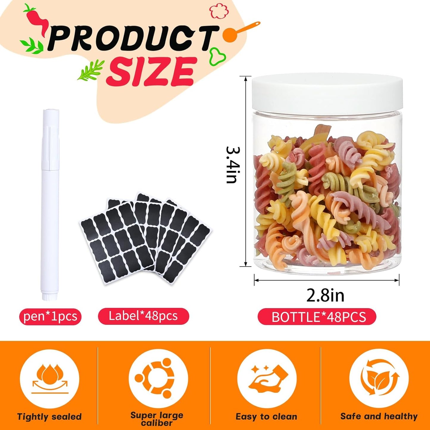 48pcs 8 oz Plastic Containers with Lids Labels Leak Proof BPA Free Airtight Refillable Clear Small Containers Storage Jars for Storing Dry Food Slime Honey Jam,white