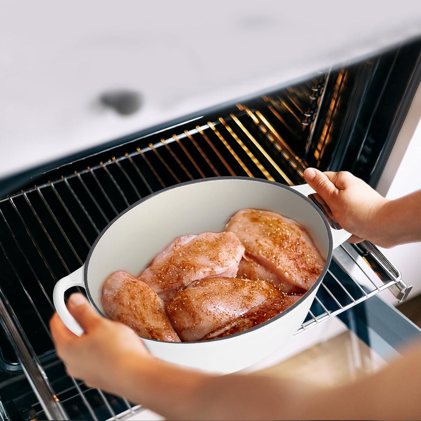 7 Quart Oval Dutch Oven with Lid, Leonyo 7QT Enameled Oval Cast Iron Dutch Oven for Sourdough Bread Breaking, Heavy Duty Cookware for Braising, Stews, Roasting, White