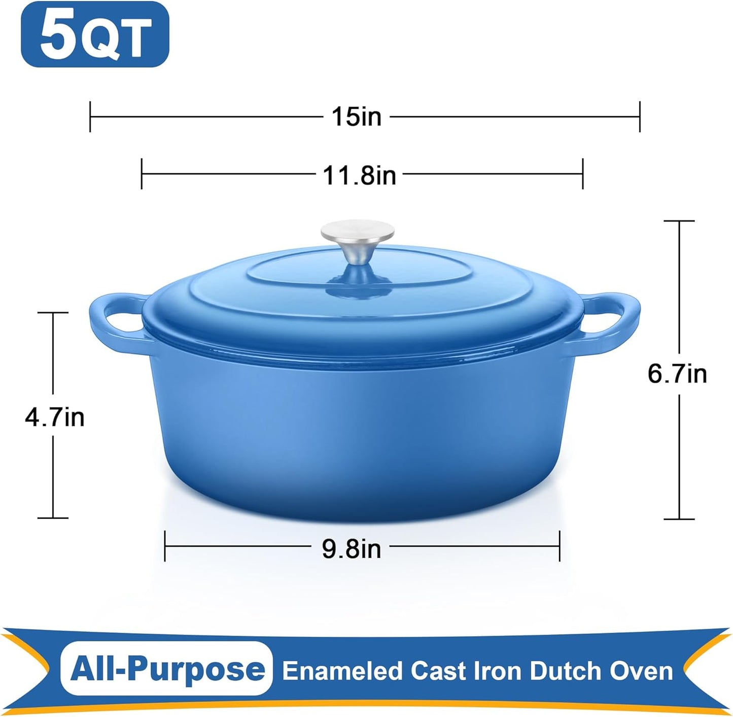 E-far 5QT Oval Dutch Oven Pot with Lid, Enameled Cast Iron Dutch Oven with Dual Handles for Sourdough Bread Baking Cooking, Nonstick Enamel Coated Cookware(Blue), Non-Toxic & Easy Clean