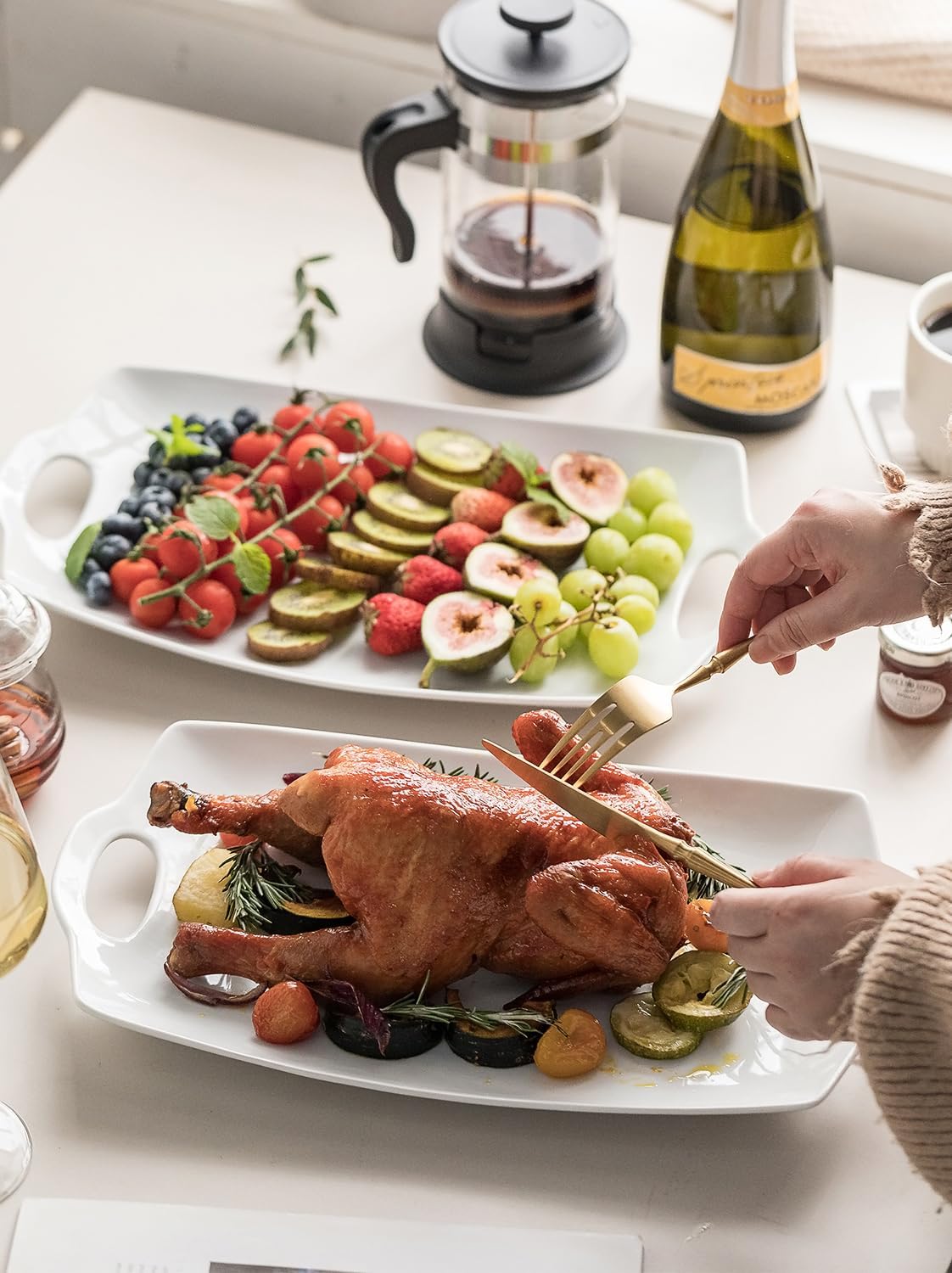 Turkey Serving Platter for Entertainment, Serving Tray with Handles Large, Party, Display, LYEOBOH 16 inch Rectangle Porcelain Platters Set of 2, White