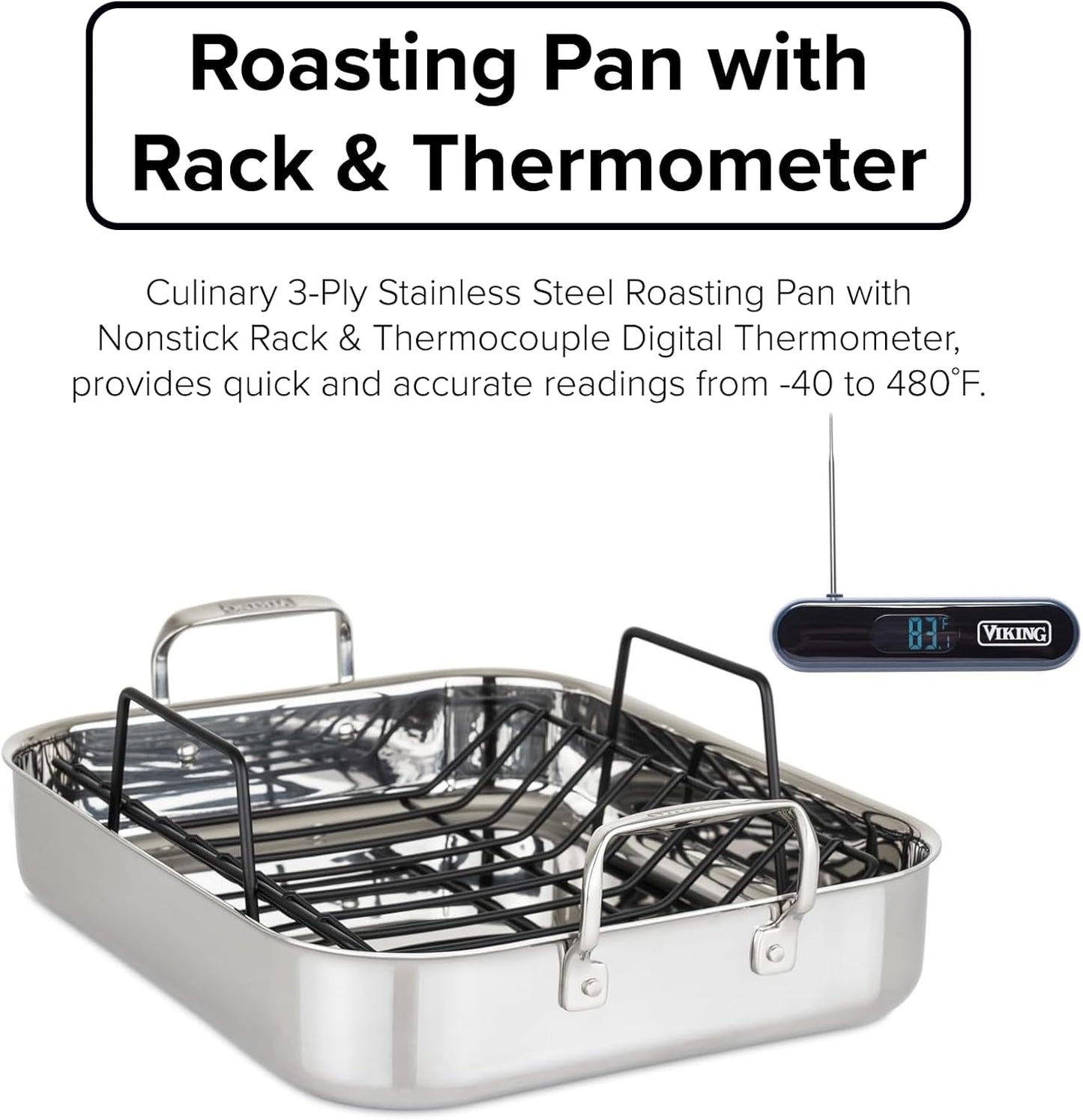 Viking 3-Ply Stainless Steel Roasting Pan with Non Stick Rack, 16 x 13 Inch Kitchen Cookware, Great for Turkey, Includes Probe Thermometer, Dishwasher and Oven Safe, Induction Ready, Silver