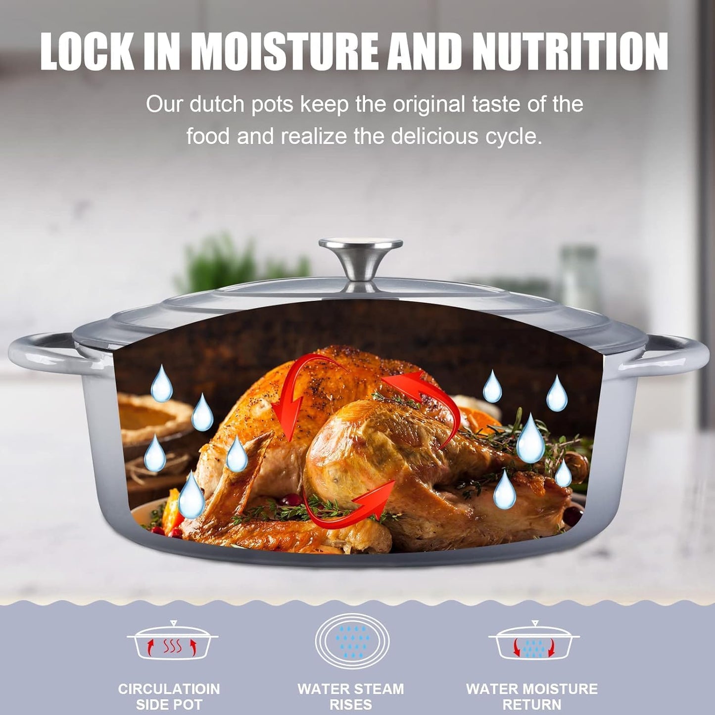 Enameled Cast Iron Oval Dutch Oven, 7 qt Oval Dutch Oven Pot with Lid and Dual Handles for Braising, for Braising, Broiling, Bread Baking, Frying, Gray