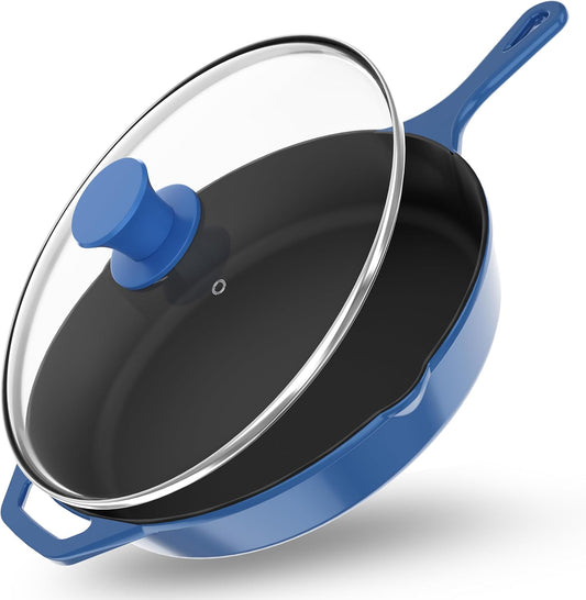 Utopia Kitchen Saute Frying Pan 12 Inch, Cast Iron Chefs Pan, Pre Seasoned Cast iron Skillet With Lid, Safe Grill Cookware for Indoor & Outdoor Use, Blue
