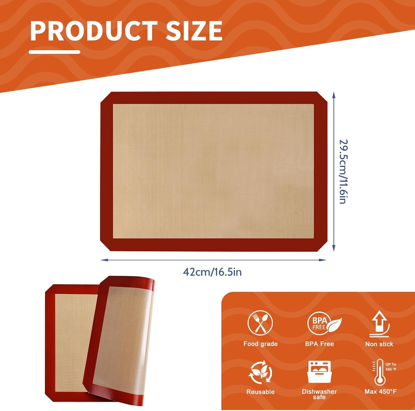 KitchenRaku 2-Pack Silicone Baking Mat, 16.5"x11.6" Reusable Silicone Baking Sheets for Oven, BPA Free Nonstick Bakeware Mats for Cookies, Macarons, Bread and Pastry