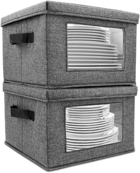 HOMELUX THEORY Hard Shell China Storage Containers for Dishes, 2pcs 10"x8" Plate Storage, Square Storage Containers with Lid, Heavy Duty Fine China Dish and Dinnerware Storage with 30 Felt Pads