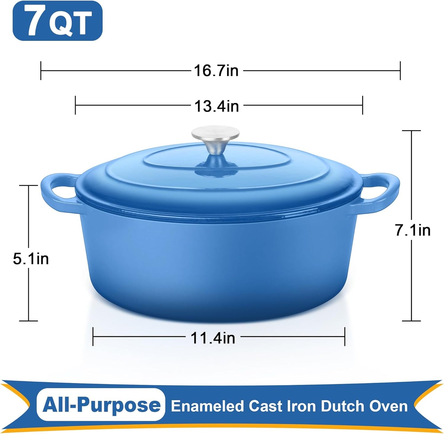 E-far 7QT Oval Dutch Oven Pot with Lid, Enameled Cast Iron Dutch Oven with Dual Handles for Sourdough Bread Baking Cooking, Nonstick Enamel Coated Cookware(Blue), Non-Toxic & Easy Clean