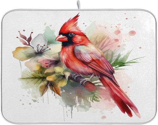 Cute Cardinal Christmas Dish Drying Mat for Kitchen Counter Absorbent Microfiber Drying Pad, Medium 16x18 in, Reversible Drainer Mats