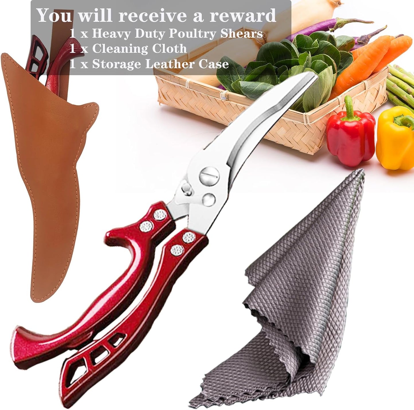 Heavy Duty Kitchen Shears by ANDONG, Kitchen Scissors,Stainless Steel Poultry Shears Heavy Duty Professional, Red