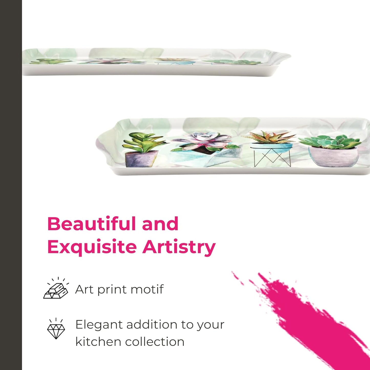 Pimpernel Succulents Rectangular Snack Tray with Handles - 15.1" x 6.5" Melamine Botanical Platter for Coffee, Breakfast, or Sweets - Dishwasher-Safe Decorative Kitchen Server