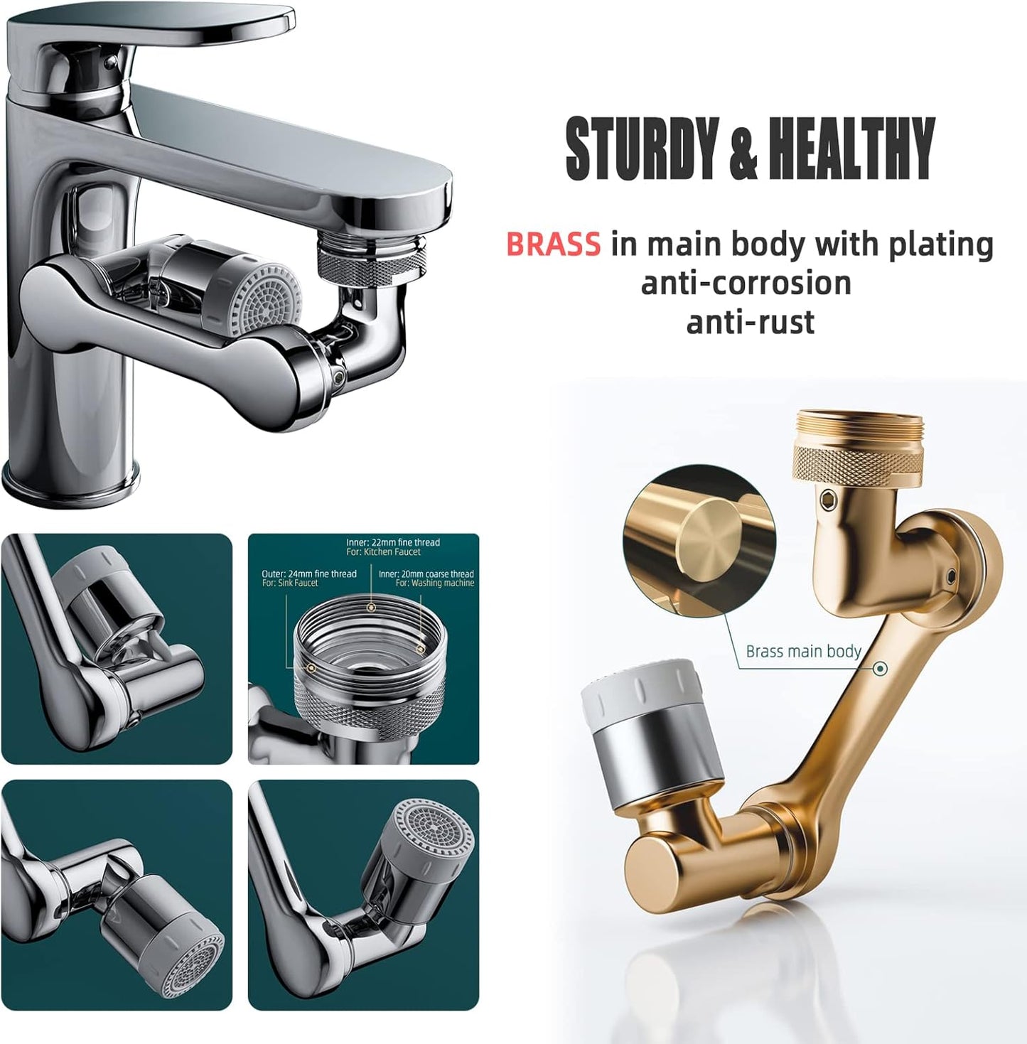 Swivel Sink Faucet Extender with 3 Axis Rotation, Butalso 3 Way Foldable Splash Filter Faucet Aerator, Kitchen/Bathroom Sink Adapter Sprayer Attachment for Gargle, Eyewash and Rinse