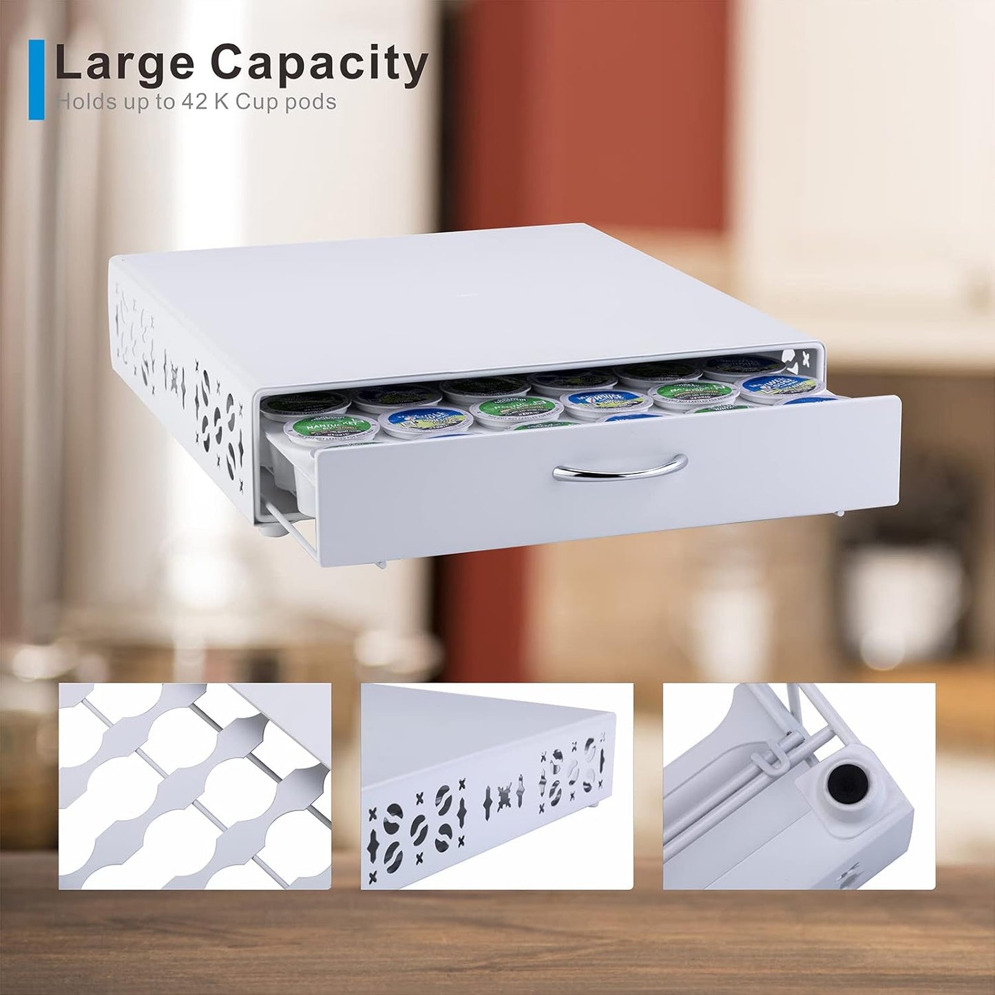 Rice rat Coffee Pod Holder for Keurig Pods iron Top Drawer,K Cup Holder Capsule Display Storage compatibility 42 k-cup Pods (white)