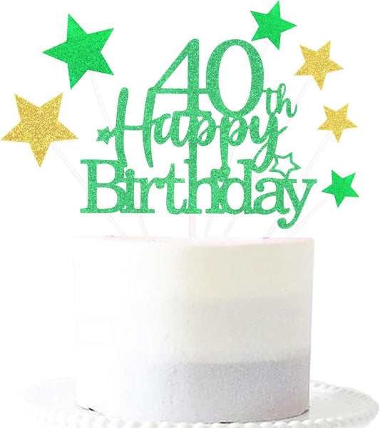 Glittery 40th Happy Birthday Cake Topper with Star,Personalised 40 Birthday Cake Toppers Party Decorations Party Supplies for Boys Girls Green Gold