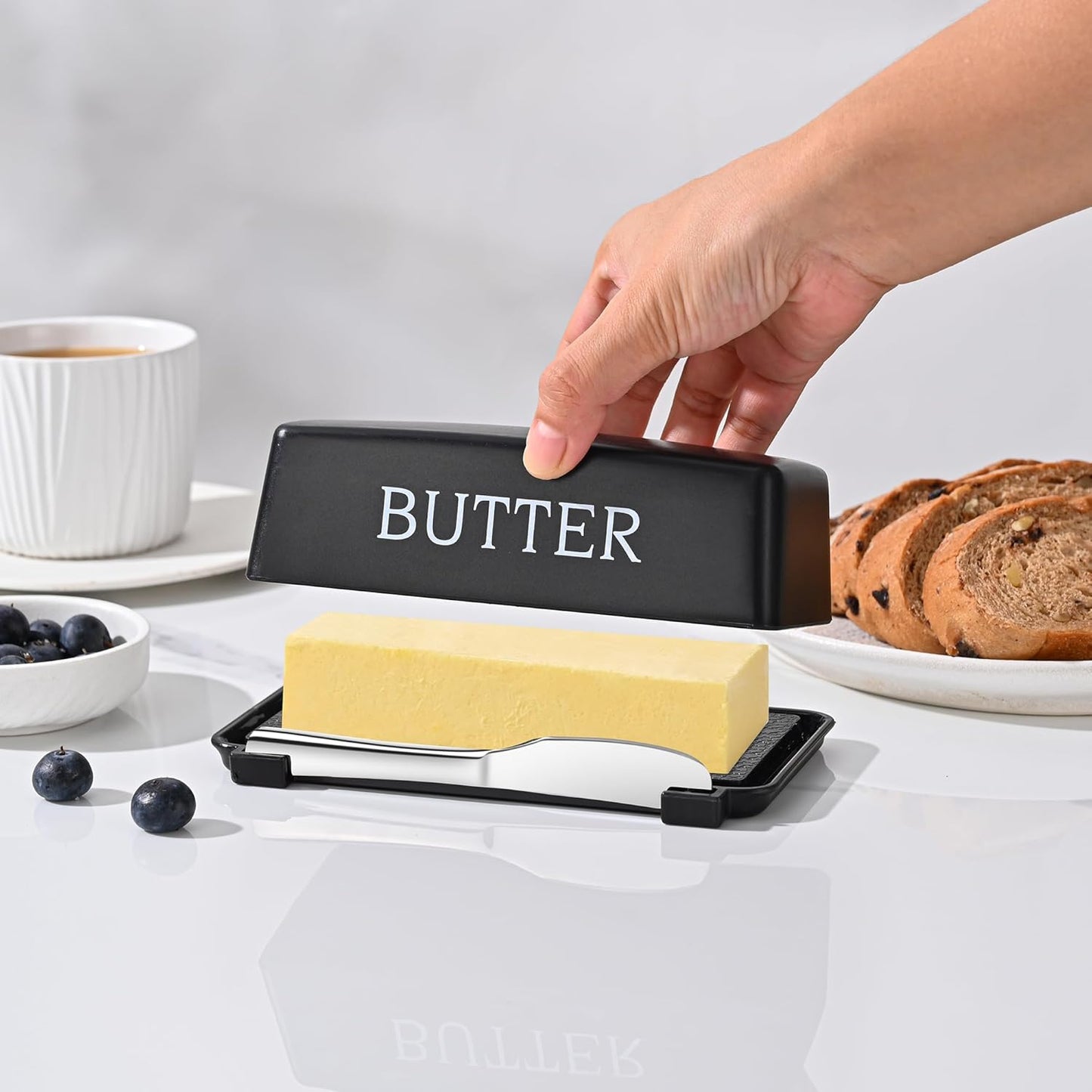 Butter Dish With Cover And Knife,Food Grade Plastic Butter Holder With Lid For Countertop,Black Dishwasher Safe Butter Storage Container