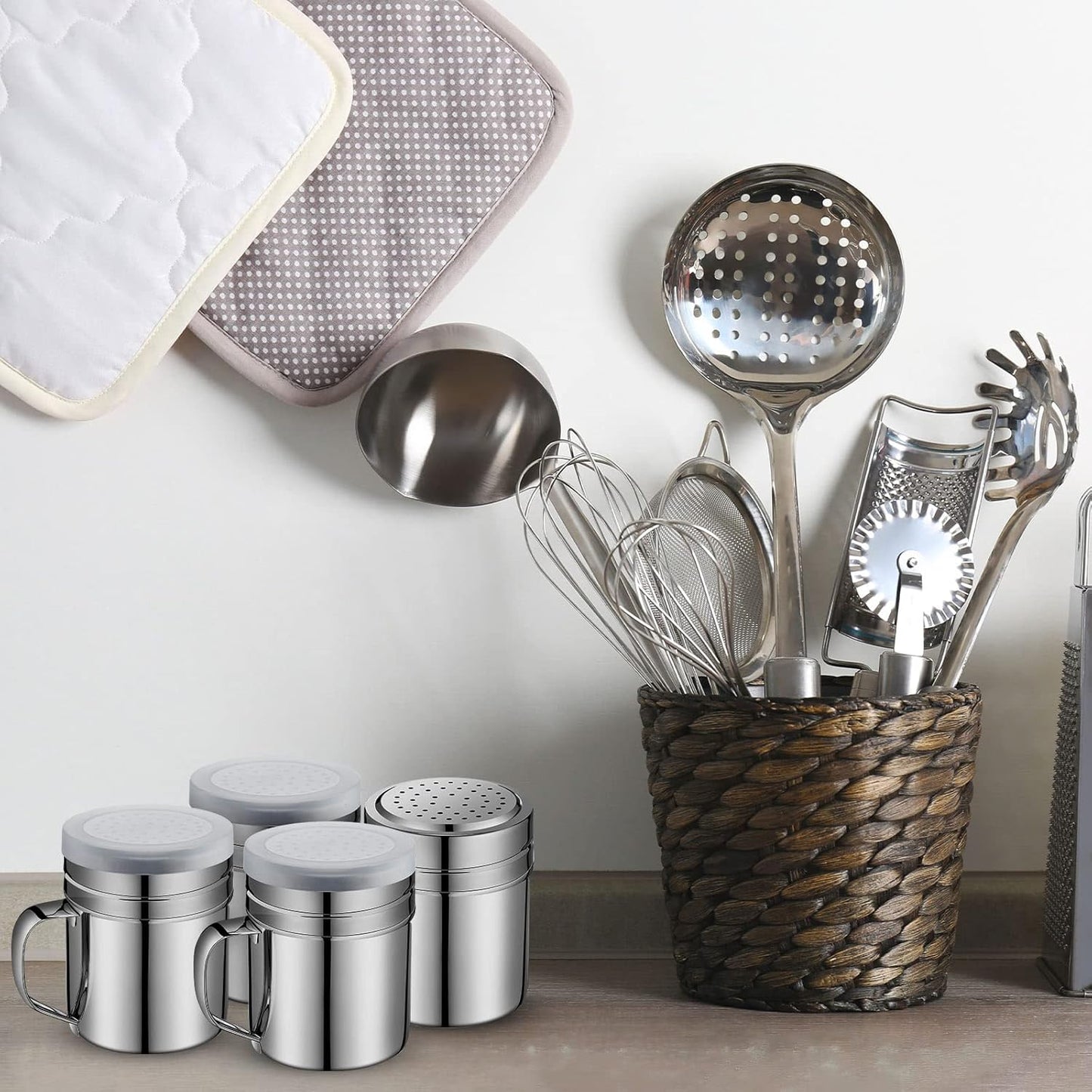 Lallisa 12 Pcs 10 oz Stainless Steel Spice Shakers with Holes and Lids Dredge Shakers with Handle Versatile Salt Shaker for Sugar Pepper Seasoning Flour Popcorn Cinnamon Powder Container Accessories