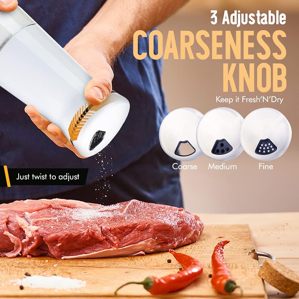 The Original Salt and Pepper Shakers set - White- Spice Dispenser with Adjustable Pour Holes - Stainless Steel & Glass - Set of 2 Bottles