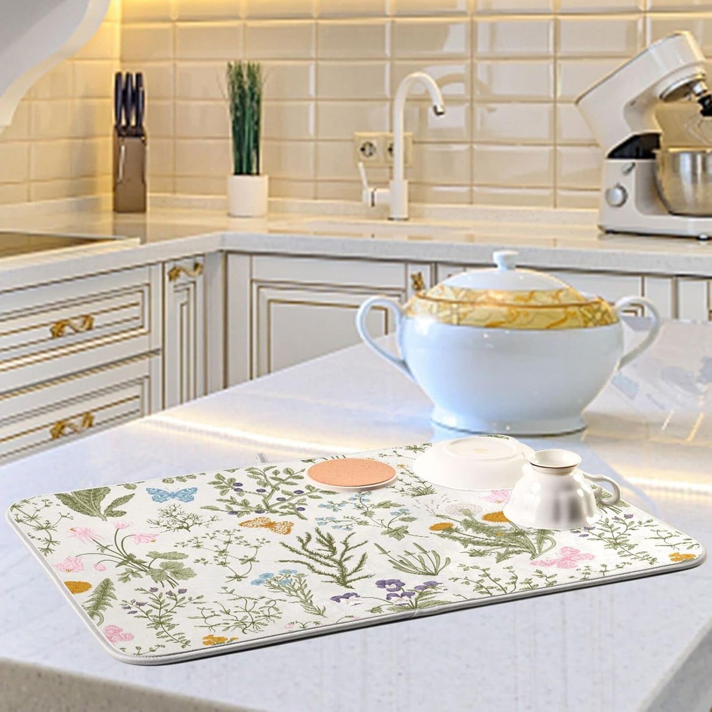 Herbs Flowers Botanical Butterfly Dish Drying Mat for Kitchen Counter Absorbent Microfiber Drying Pad, Medium 16x18 in, Reversible Drainer Mats