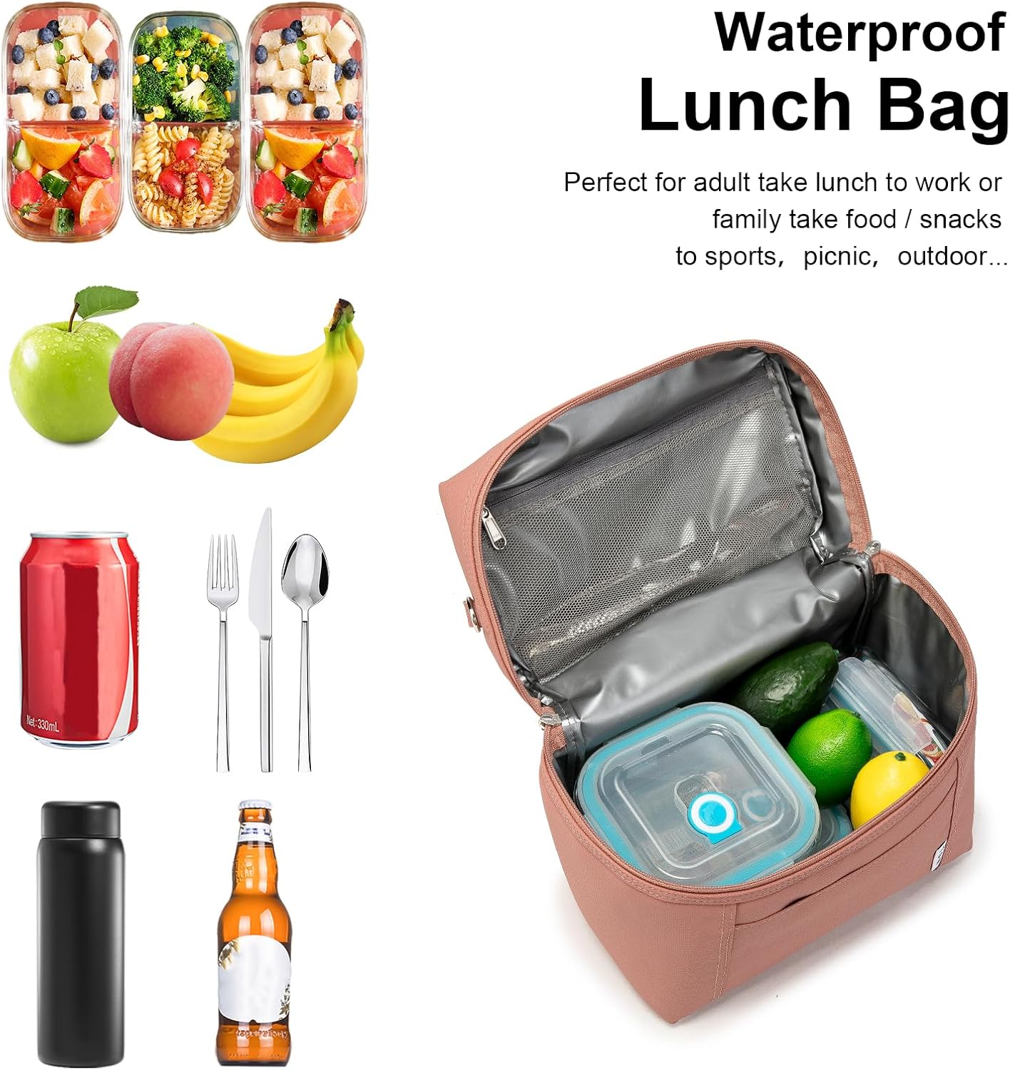 NOL Natural Organic Lifestyle Insulated Lunch Bags for Women Cooler Bag Lightweight Nylon Waterproof Lunch Box For Work (Small, Dark Pink)