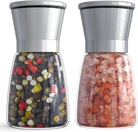 Salt and Pepper Grinder Set - Refillable Grinder Adjustable Coarseness of Pepper Salt Spice Stainless Steel Mills Glass 6oz（2 Pack）