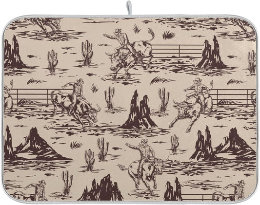 West Cactus Cowboy Dish Drying Mat for Kitchen Counter Absorbent Microfiber Drying Pad, Large 18x24 in, Reversible Drainer Mats