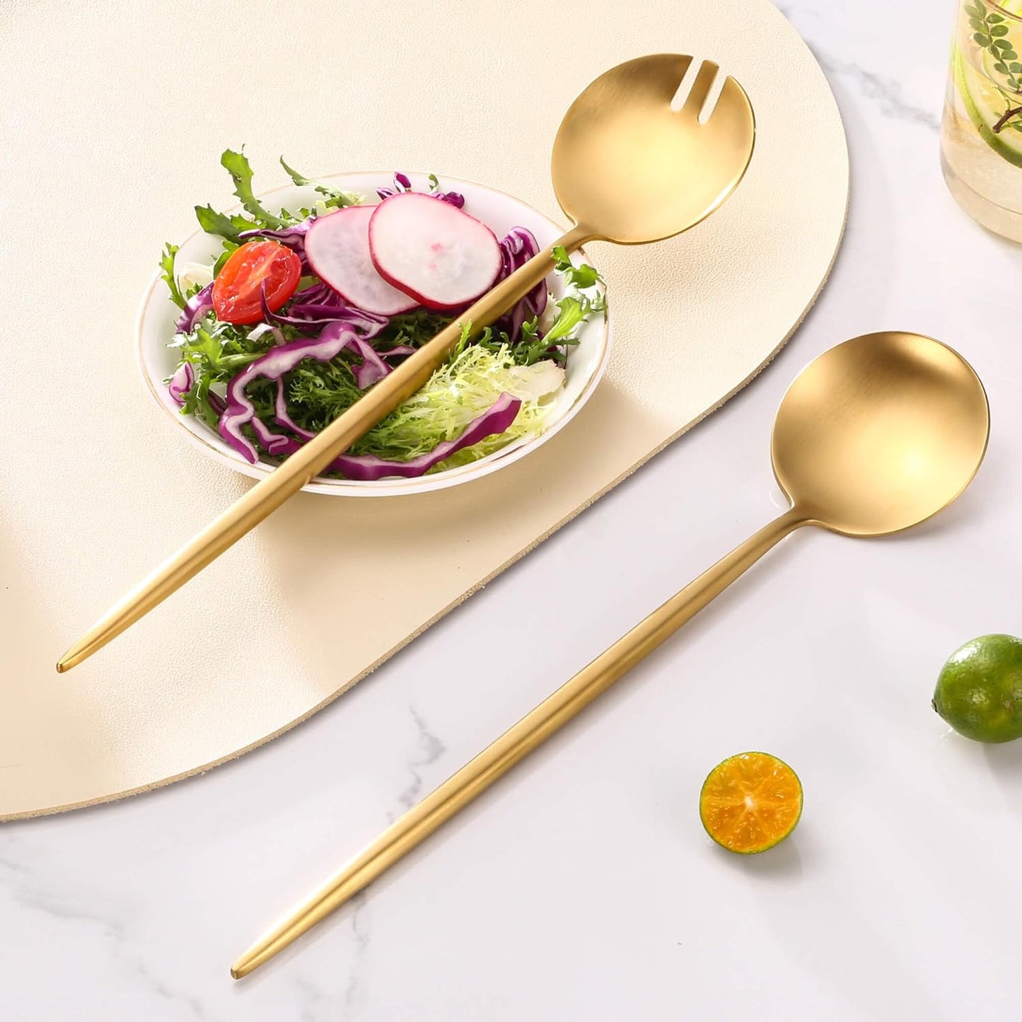 Gold Salad Serving Utensils,Serving Spoons Stainless Steel,2Pcs Long Handle Salad Servers 11.42 Inch,Salad Utensils for Serving,Matte Finish,Dishwasher Safe