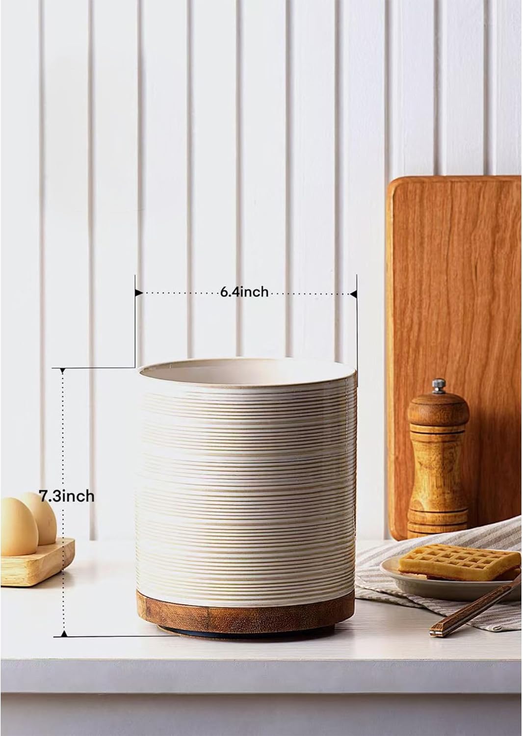 Utensil Holder, 360° Rotating Extra Large Ceramic Kitchen Utensil Holder for Countertop, 7.3“ Cooking Utensil Crocks for Kitchen Counter with Rotatable Wooden Base, Farmhouse Decor, Arctic White