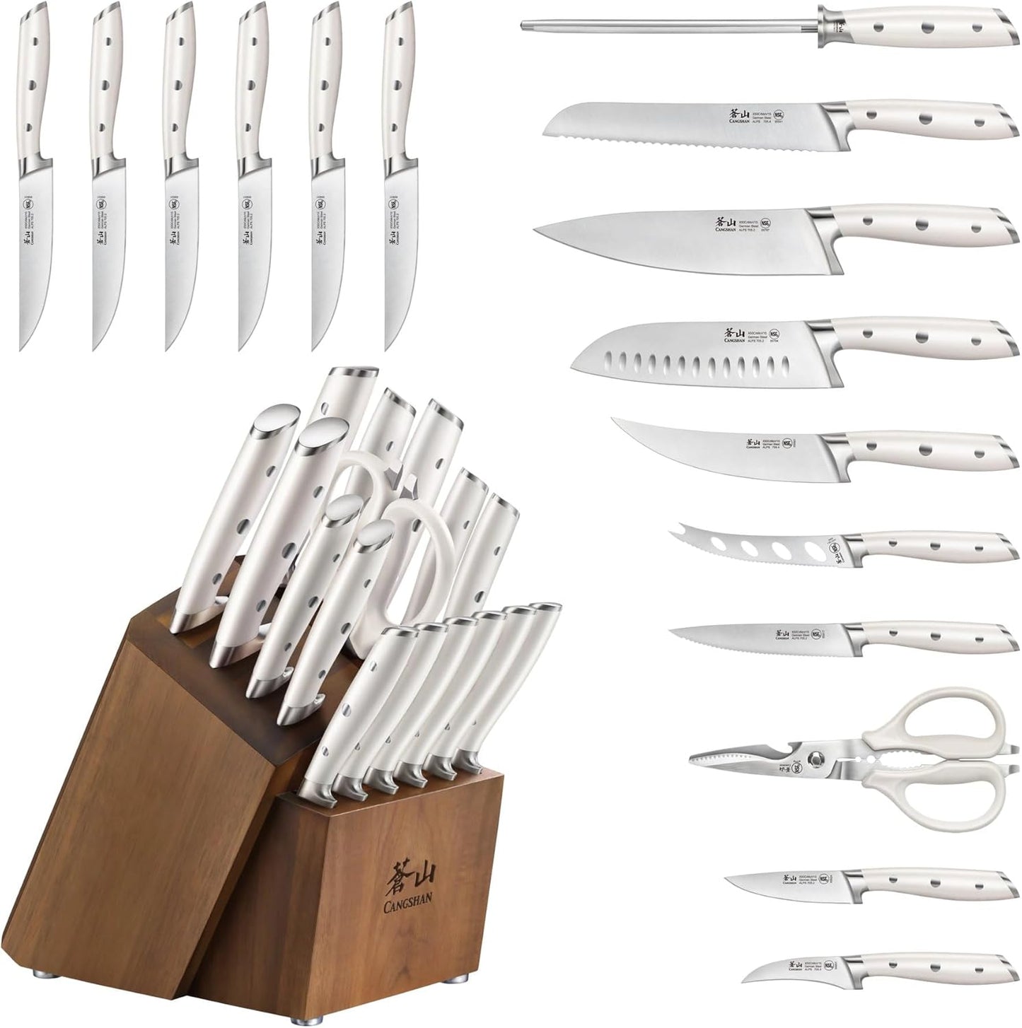 Cangshan Alps Series German Steel Forged 17-Piece Knife Block Set, Acacia (White)