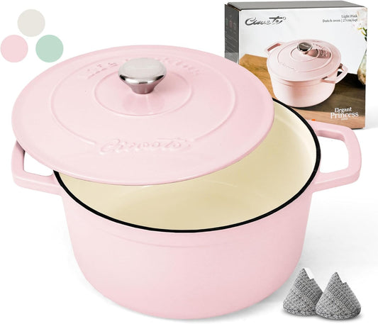 6 QT Dutch Oven Pot with Lid, Enameled Cast Iron Dutch Oven for Bread Making, Braiser, Cooking, Dual Handles, Oven Safe up to 500° F or on Stovetop, Gifts for Family - Pink