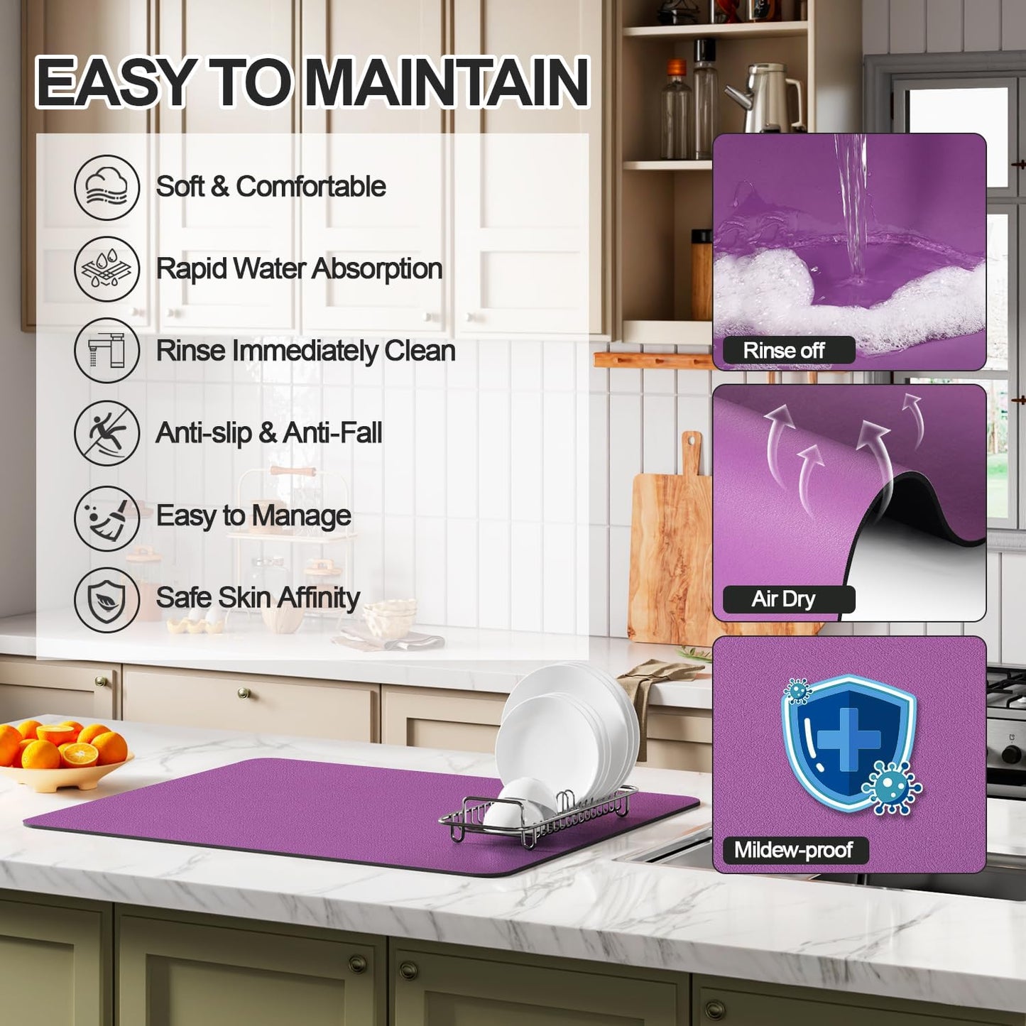 Dish Drying Mat for Kitchen Counter | Coffee Bar Mat for Countertops | Heat Resistant Drainer Mat with Non-slip Rubber Backed | Hide Stain Kitchen Absorbent Draining Mat | Purple 16"x20"