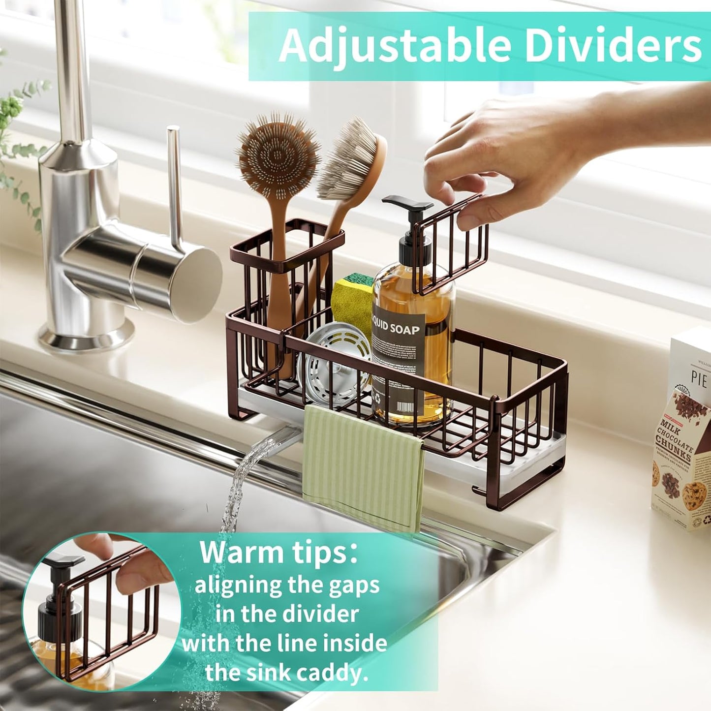 HapiRm Sponge Holder for Kitchen Sink - Self-draining Sink Caddy with Brush and Dishcloth Holders, Stainless Steel Kitchen Organizer for Countertop - Bronze