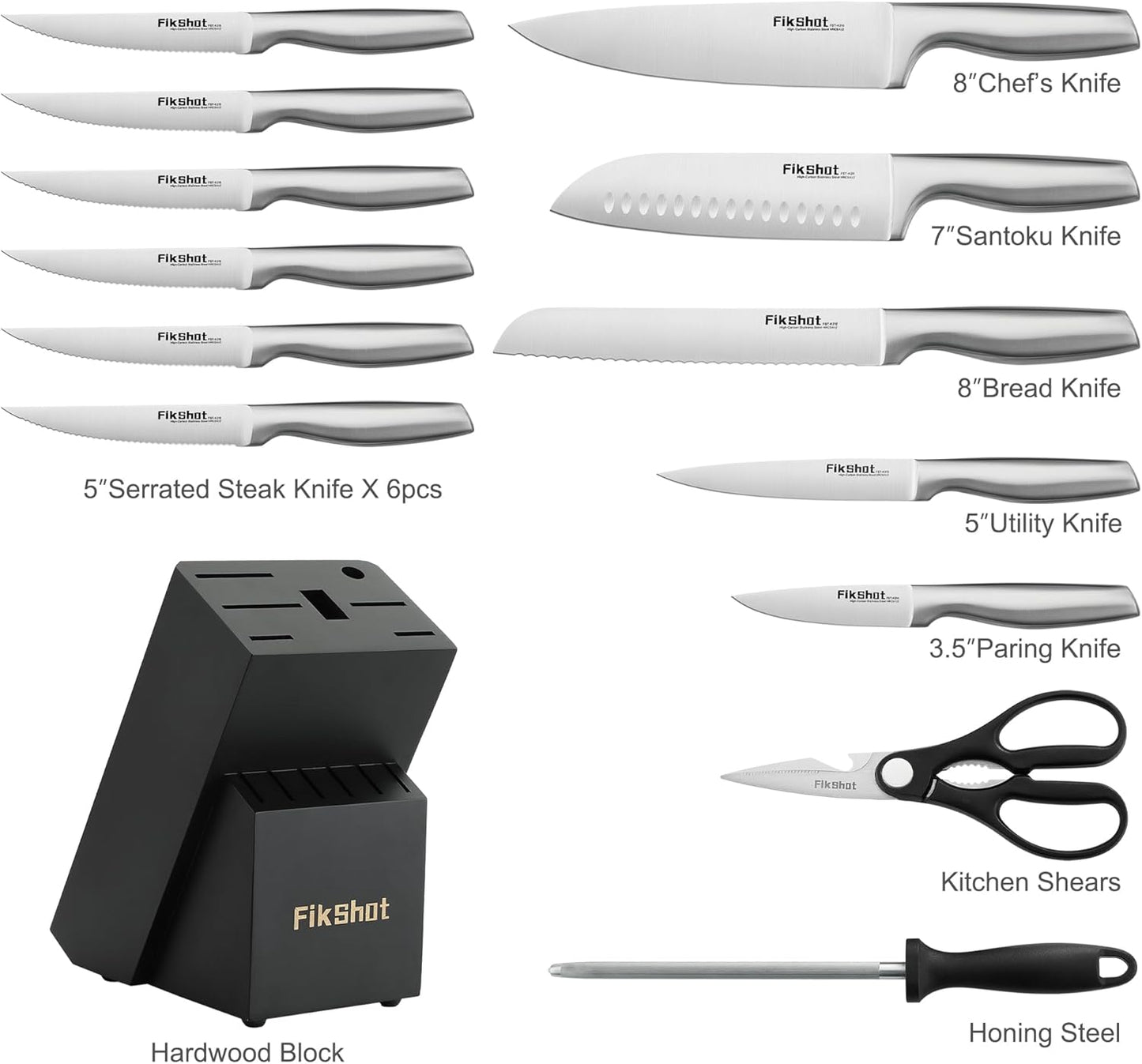 Kitchen Knife Set, FIKSHOT Premium Stainless Steel Knife Block Set, Razor-Sharp Santoku Knife and Fruit Knives, Gift for Homecooks, Rust-Proof, Designed for Women