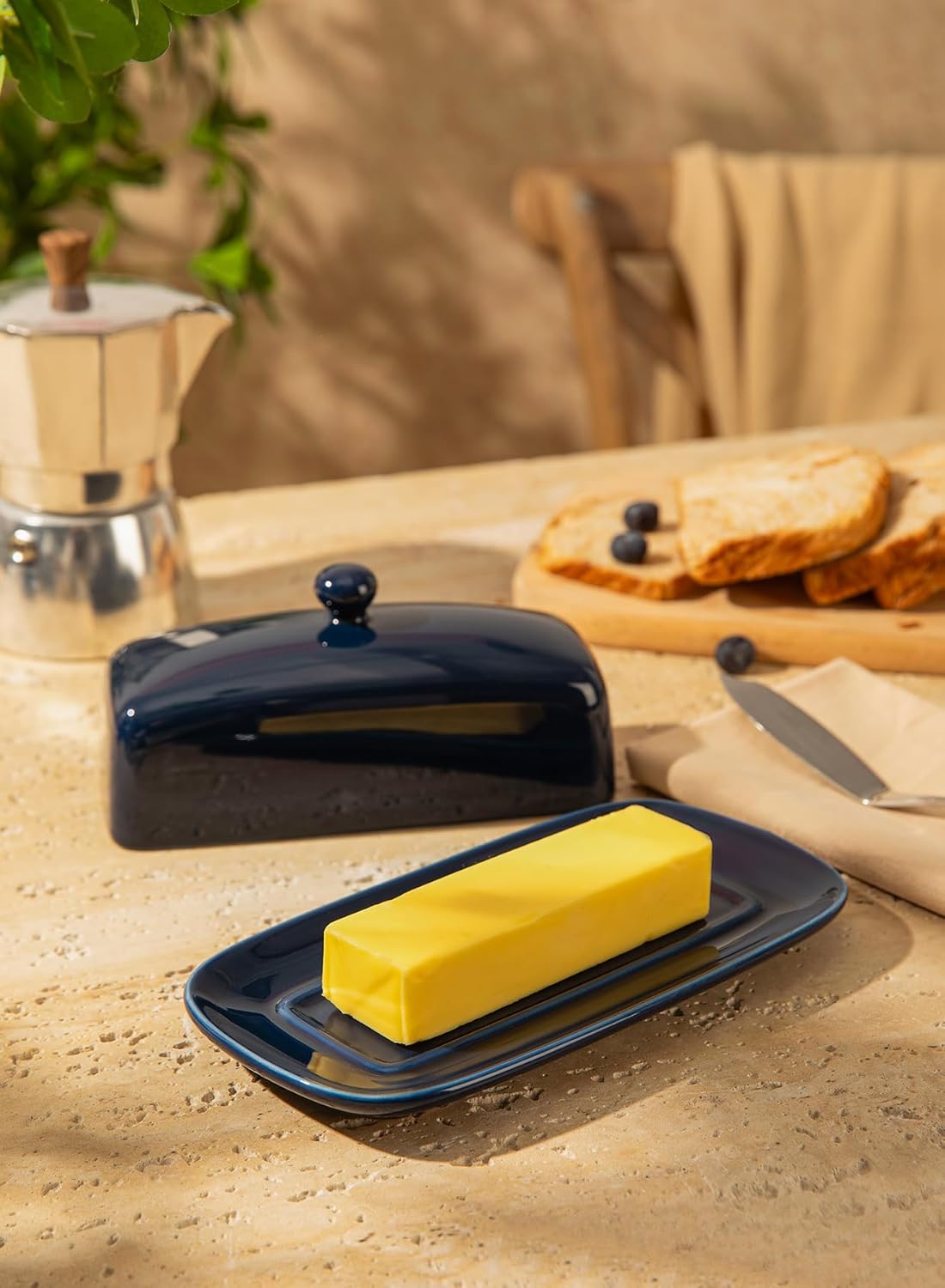 Sweese Butter Dish with Lid, Porcelain Butter Keeper, 7.8 Inch Butter Holder with Handle Cover, Butter Container Perfect for East West Coast Butter, Navy