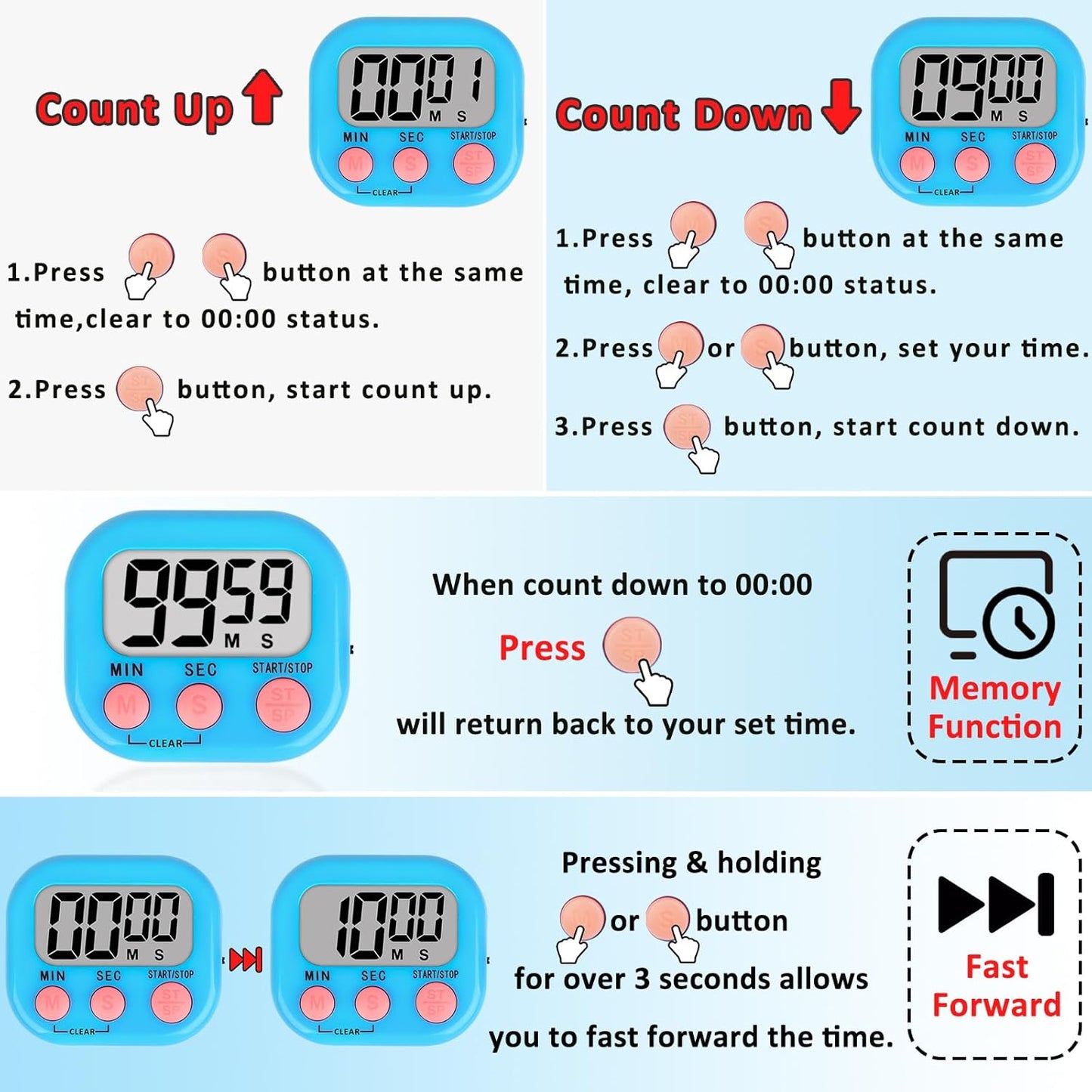 ZILLEEN 6 Pack Kitchen Timers for Cooking Digital Classroom Timers for Kids Teachers Blue Green Purple