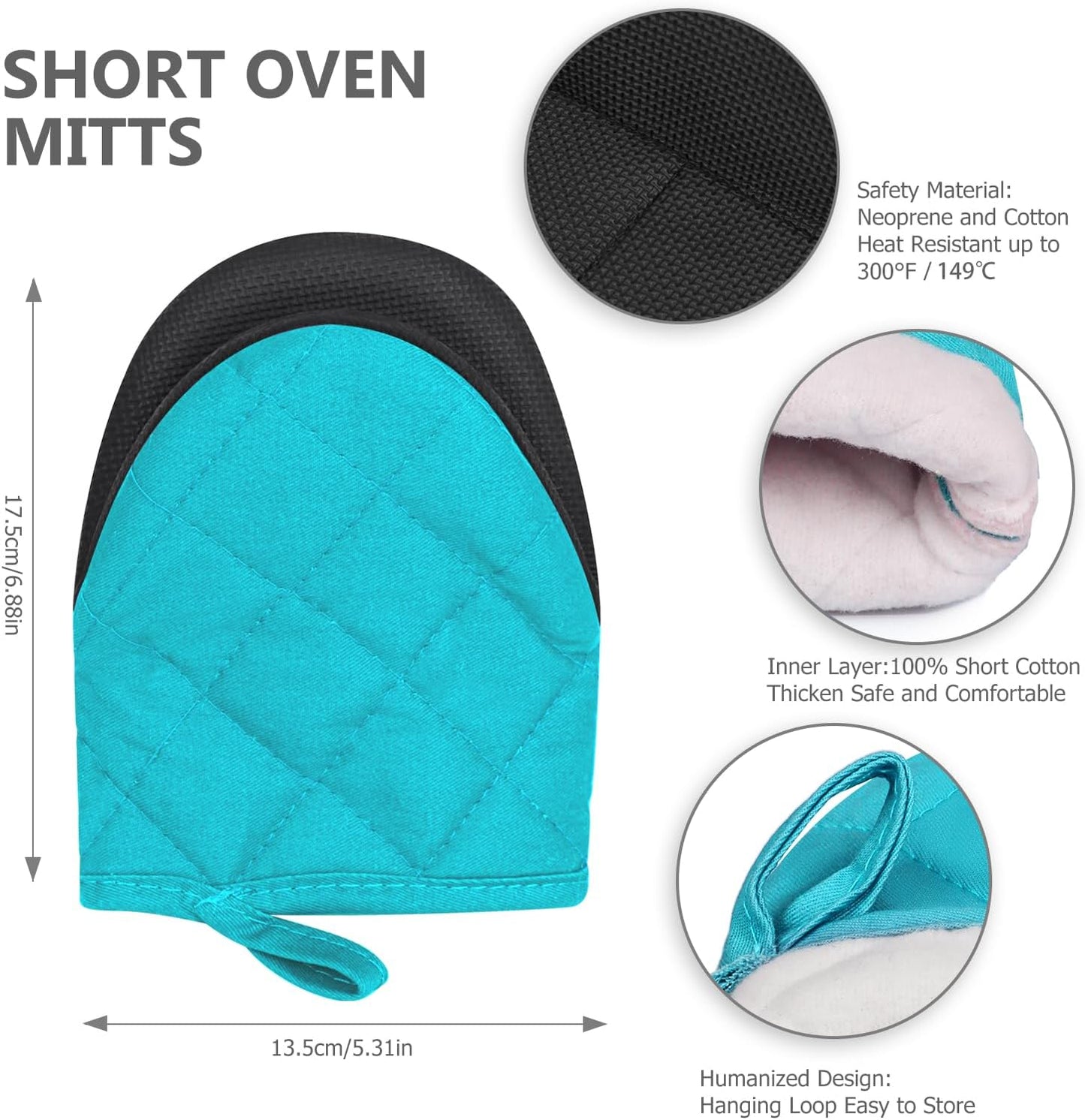 1 Pair Short Oven Mitts - Silicone Kitchen Oven Gloves High Heat Resistant 500℉, Mini Oven Mits with Non-Slip Grip Surfaces and Hanging Loop for BBQ, Baking, Cooking and Grilling (Coral Blue)
