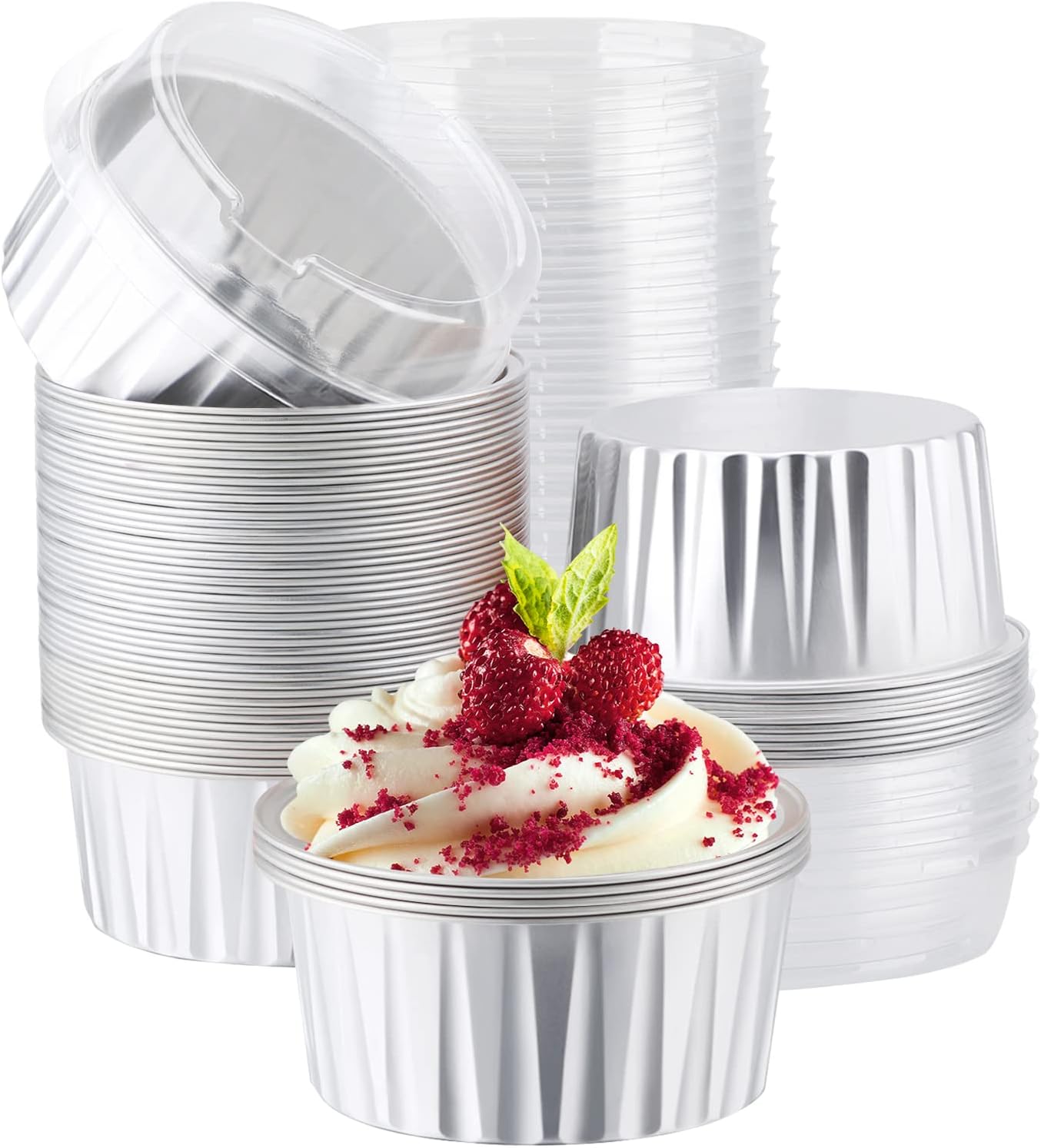 EUSOAR Disposable Creme Brulee Ramekins, Silver 60Packs 5oz Baking Cups with Lids Mini Muffin Liners, Dessert Cheesecake Pan Creme Brulee Cupcake Containers for Catering Gathering Club Wedding Party